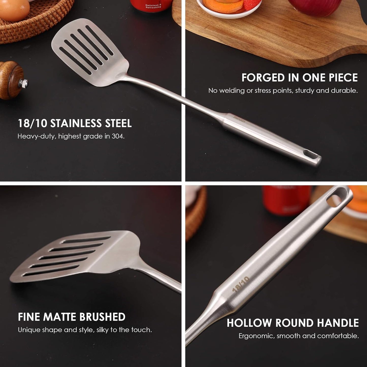 18/10 Stainless Steel Kitchen Utensils Set - 15” All Metal Cooking Tools & Serving Utensils, 8 PCS - Solid Spoon, Slotted Spoon, Spatula, Ladle, Skimmer, Tunner, Spaghetti Spoon, Large Spoon Set
