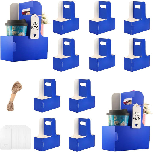 30 Pack 2 Cup Disposable Drink Carrier with Handle Paperboard Coffee Cup Holder Portable for Hot Cold Drinks Food Delivery Services with Heart Card for Teacher Appreciation Week Mother's Day