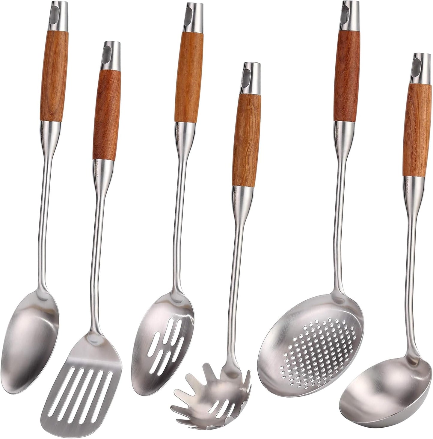 18/10 Stainless Steel Kitchen Utensils Set with Wood Handle - 15” Long Metal Cooking Tools - Serving Solid/Slotted Spoon, Tunner, Skimmer, Soup Ladle, Spaghetti Spoon, Large Spoons Set of 6