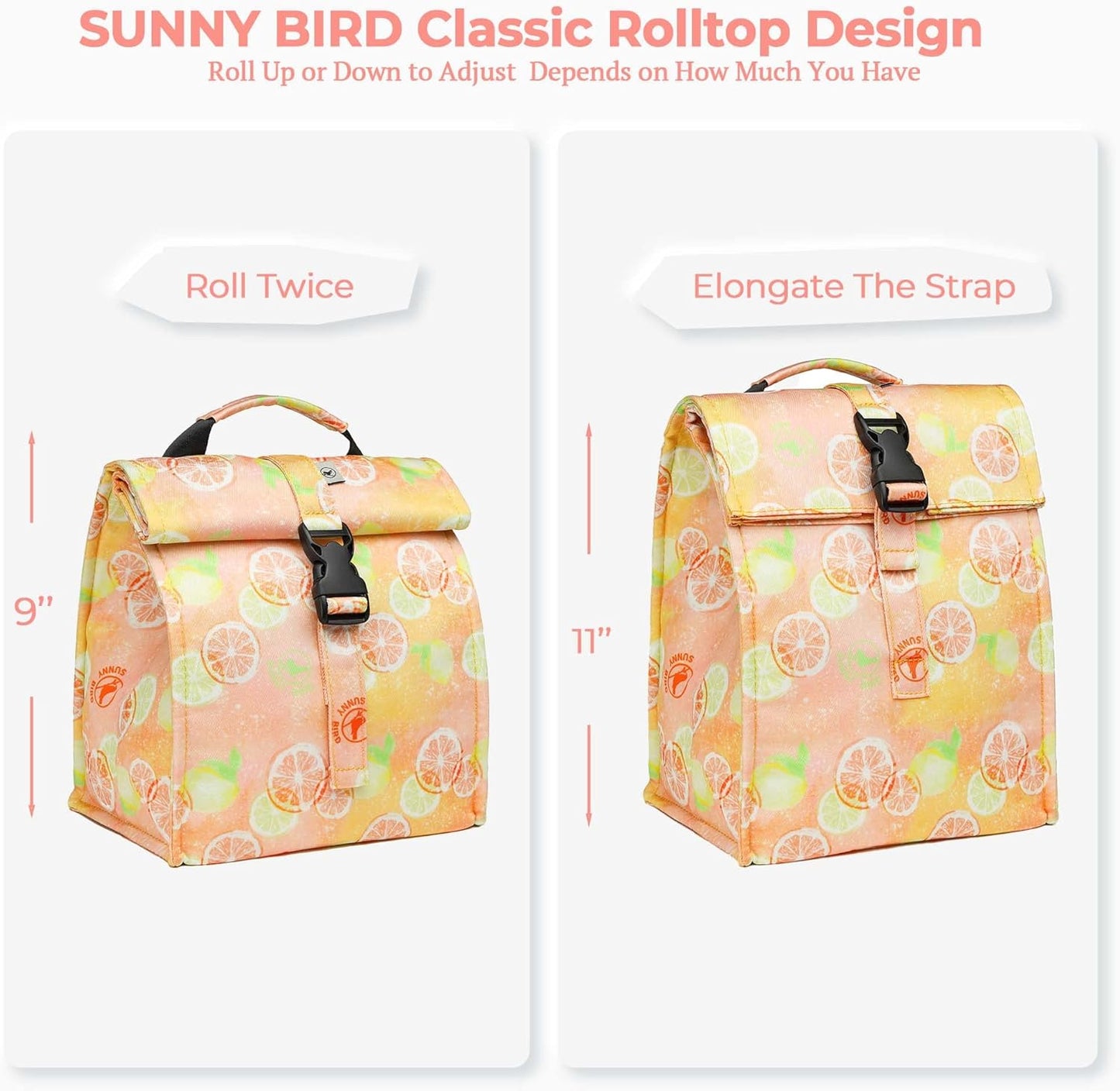 SUNNY BIRD Insulated Lunch Bag Rolltop Lunch Box Tote Bag for Women, Men, Adults and Teens (Grapefruit Pink)