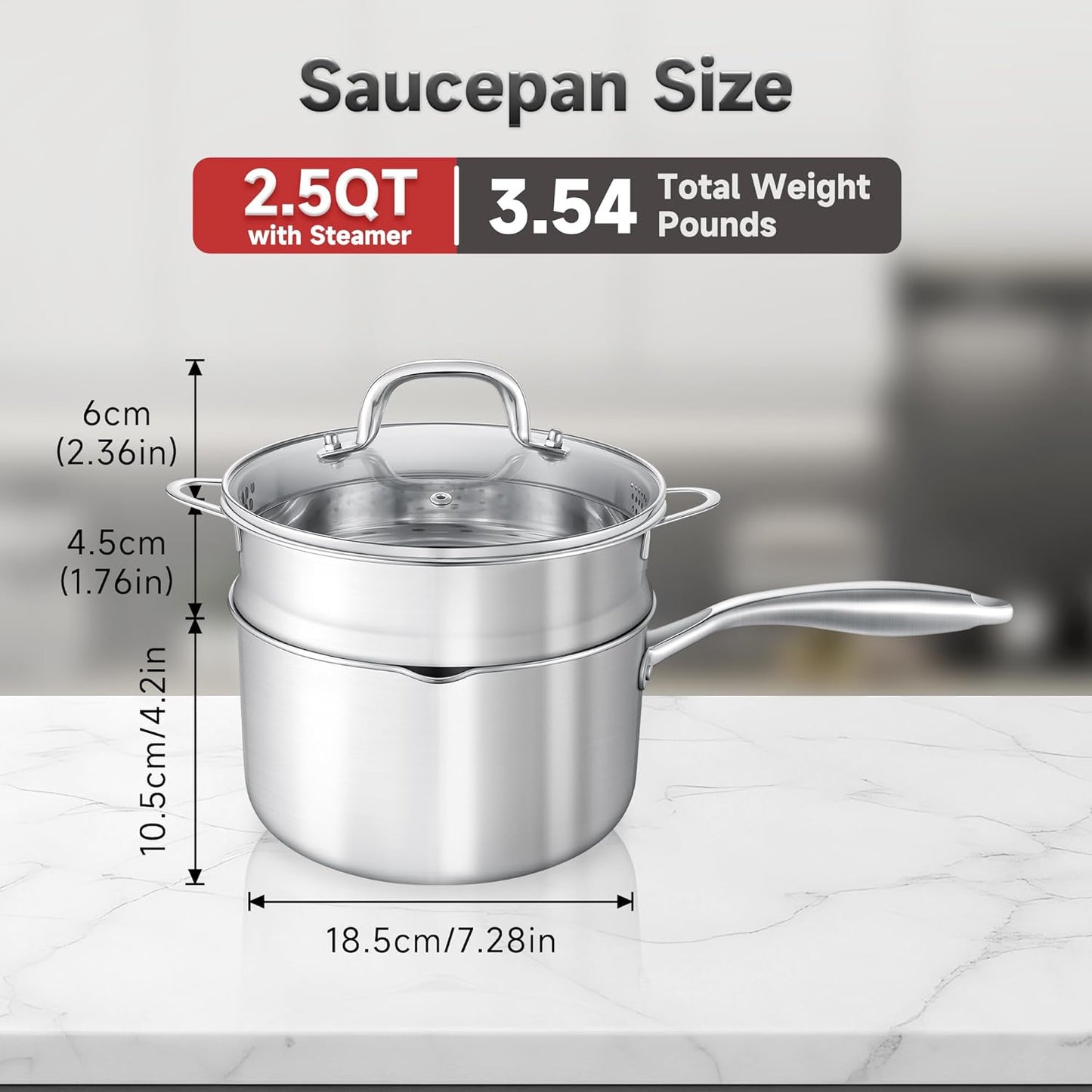 2.5 Quart Stainless Steel Saucepan with Steamer Basket, Tri-ply Full Body, Multipurpose Sauce Pot with Two-Size Drainage Holes Lid, Perfect For Boiling Gravies, Pasta, Noodles