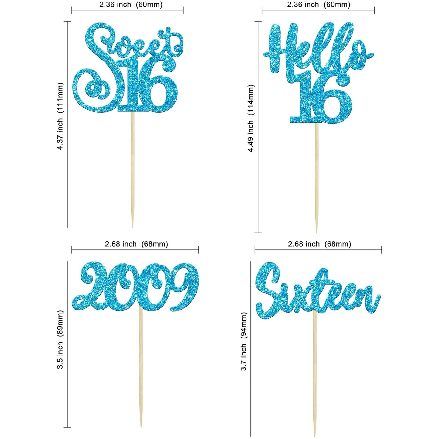 Gyufise 24Pcs Happy 16th Birthday Cupcake Toppers Glitter Hello 16 Sweet 16 Cupcake Picks Sixteen Years Old Birthday Cake Decorations for Celebrating 16th Birthday Anniversary Party Supplies Blue