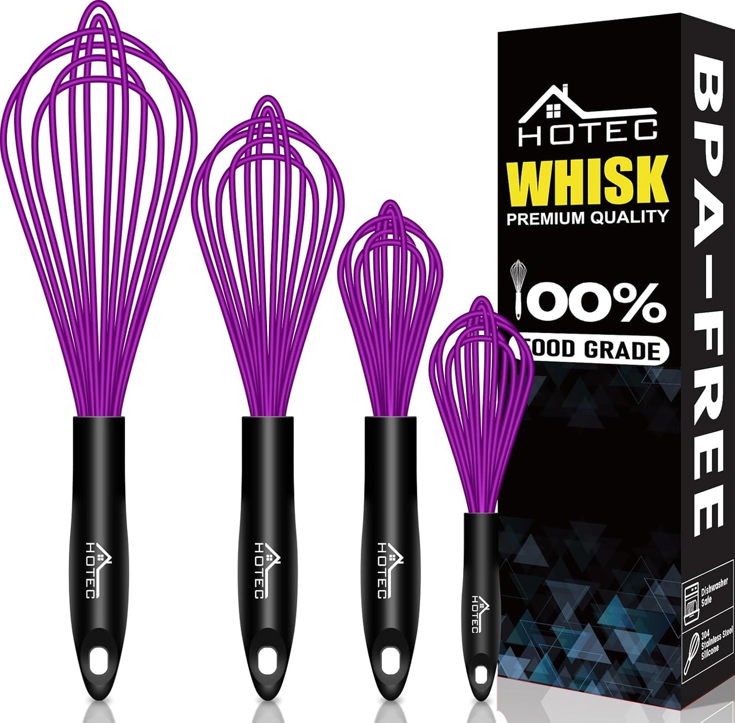 HOTEC 4 Pieces Silicone Whisks for Cooking, Wire Balloon Whisks Egg Beater, Non-slip Handle Whisk for Non-stick Cookware Perfect for Cooking, Stirring, Beating and Blending (Purple)