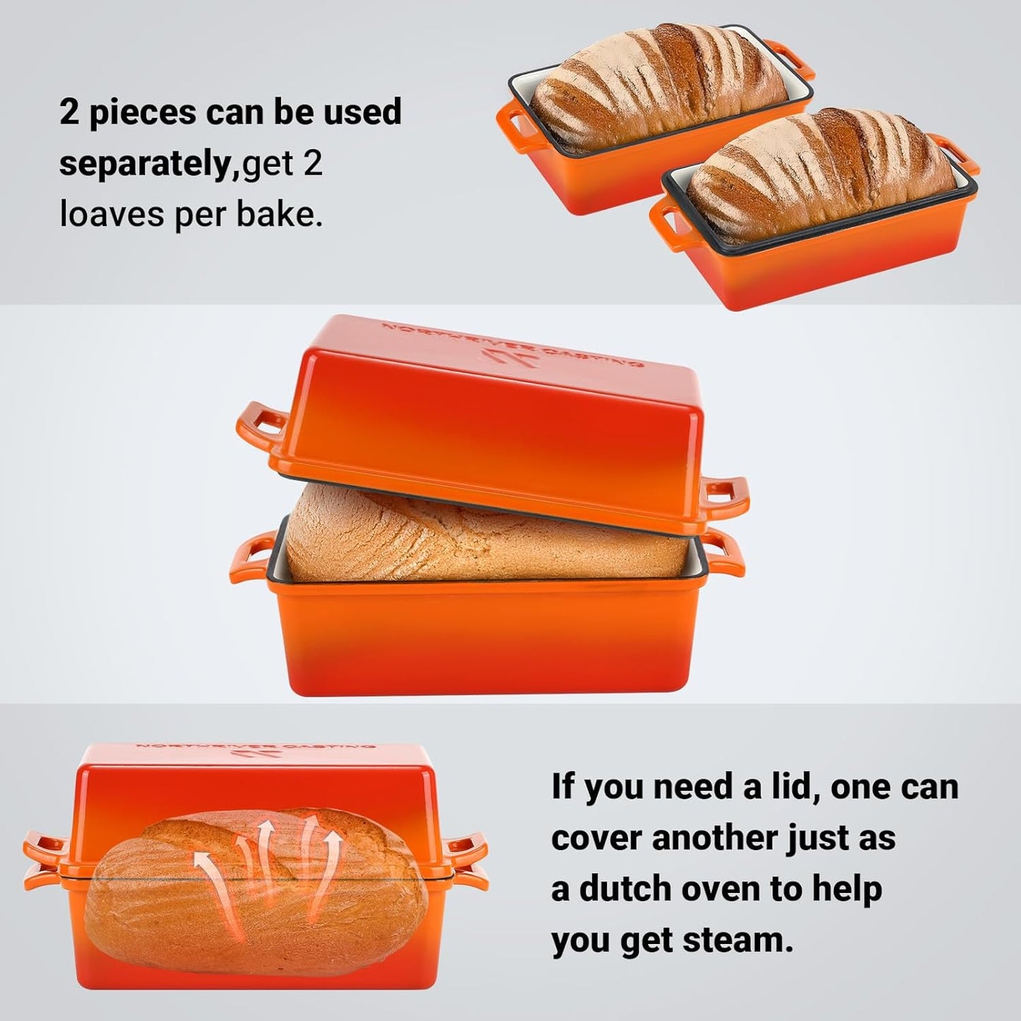 Enameled Cast Iron Loaf Pan with Lid, Best Bread Oven, Bread Loaf Pans for Baking Homemade Sourdough Bread 9x5, 2 Piece set, Flame