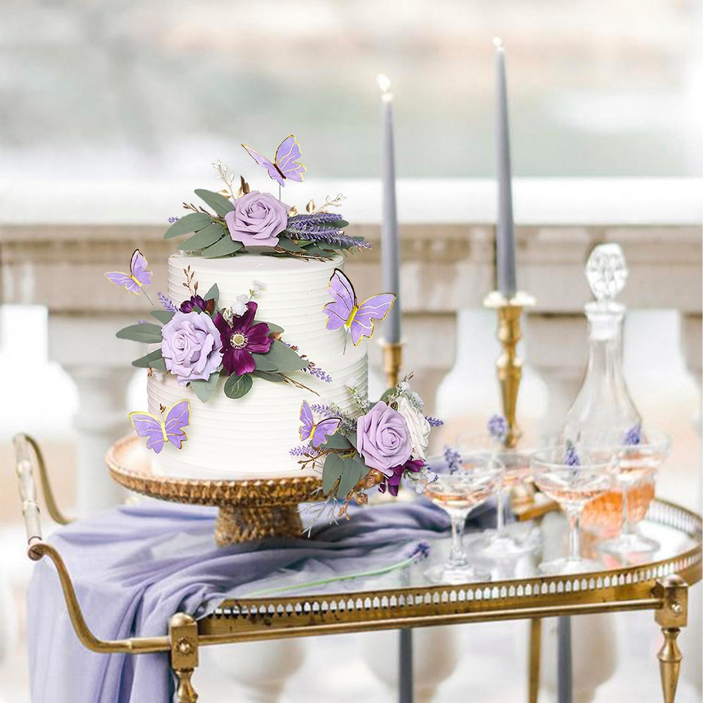 Rinlong 3Pcs Pre-made Purple Cake Flowers Decorations Flower Cake Topper Butterfly Cake Decorating Flowers for Wedding Sweet 16 Birthday Girl