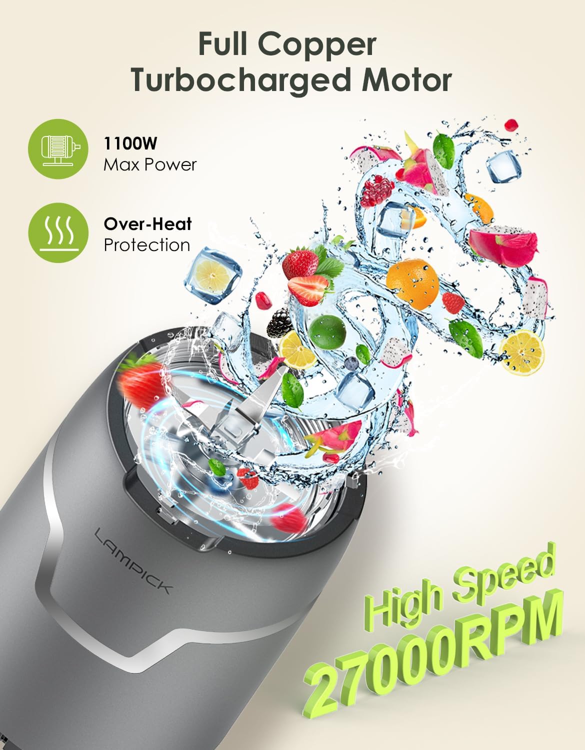 Smoothie Blender, 1100W Personal Blender for Shakes and Smoothies, Blenders and Grinder Combo for Kitchen with 2 * 22 Oz To-Go Cup and Lid for Protein Shake, Baby Food, Frozen Drink