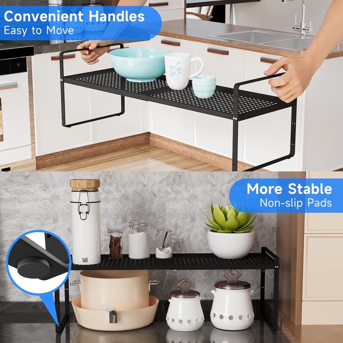Expandable Kitchen Shelf Organizers, Kitchen Cabinet Organizer Stand Rack Organization for Countertop Office Desktop, Black 2 Pack