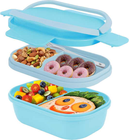 Bento Box Adult Lunch Box with Hidden-Handle, Leak-Proof Lunch Containers for Adults & kids, 2-Layer 5-Compartment 6 Cup with Utensils, Blue