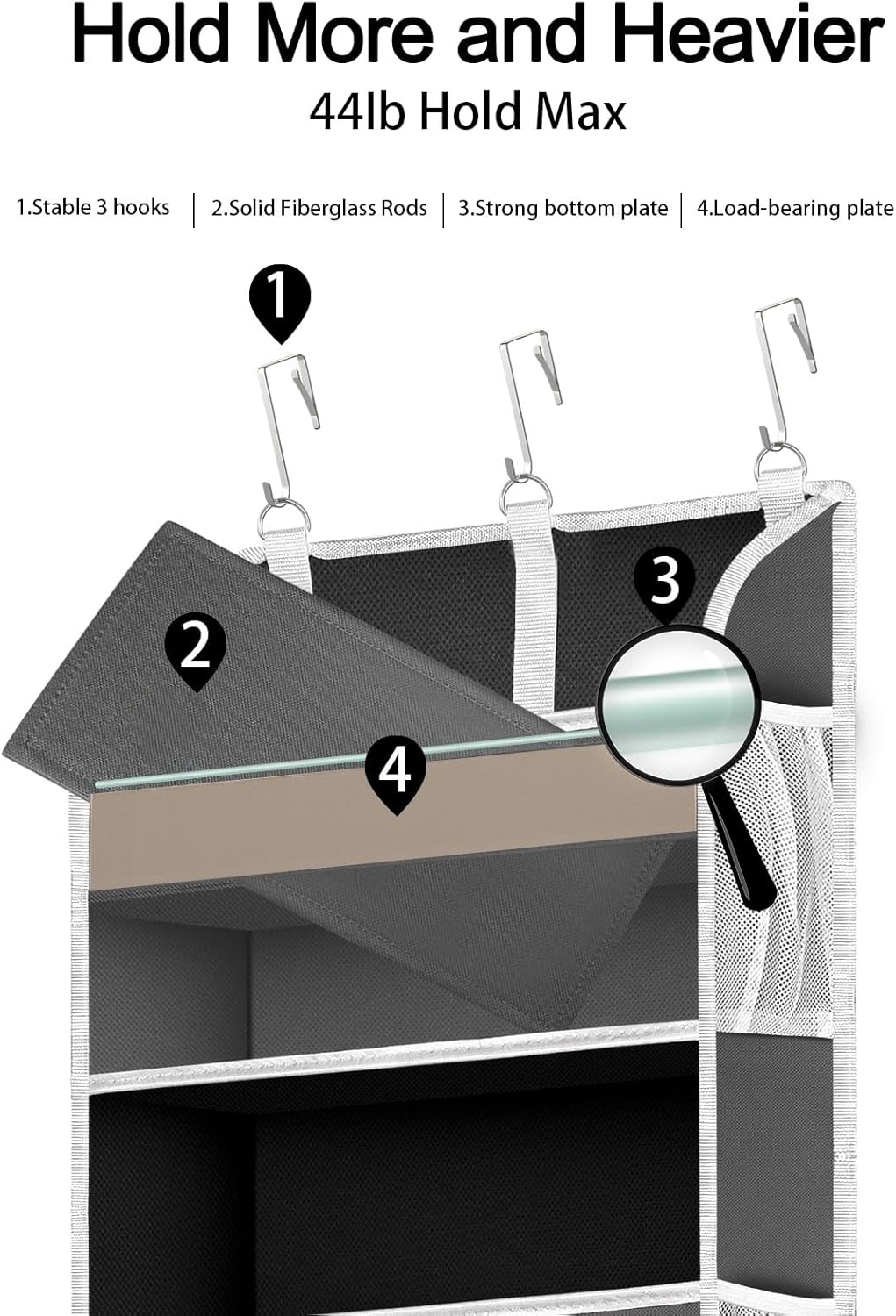 1 Pack Over The Door Organizer Storage, Hanging Organizer Closet with 5 Large Pockets 10 Mesh Pockets, 44 lbs Weight Capacity, Behind Door Storage for Nursery Bedroom Bathroom (Dark Grey)