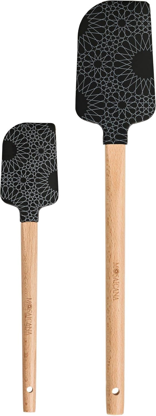 Silicone Spatula set of 2 with wooden handle and stunning pattern (Black)