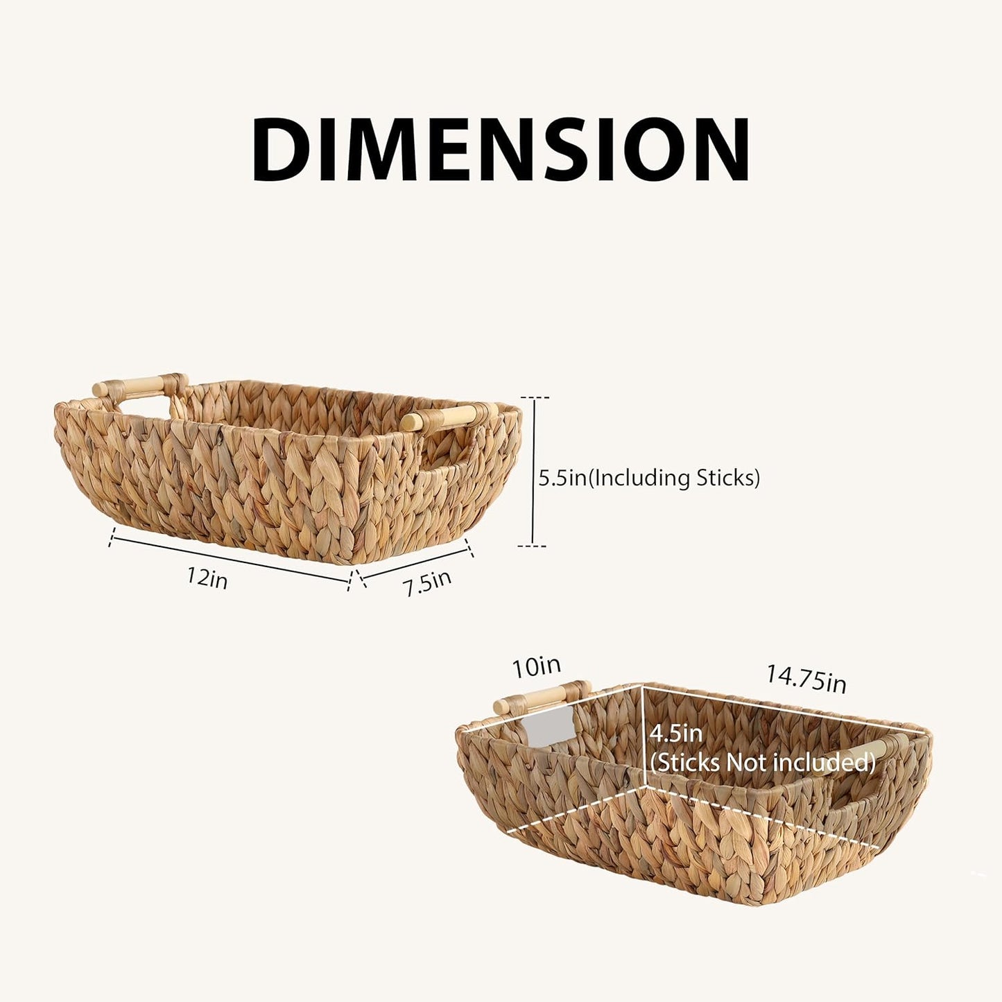 Water Hyacinth Storage Baskets with Wooden Handles，Large Wicker Baskets for Organizing Set of 2