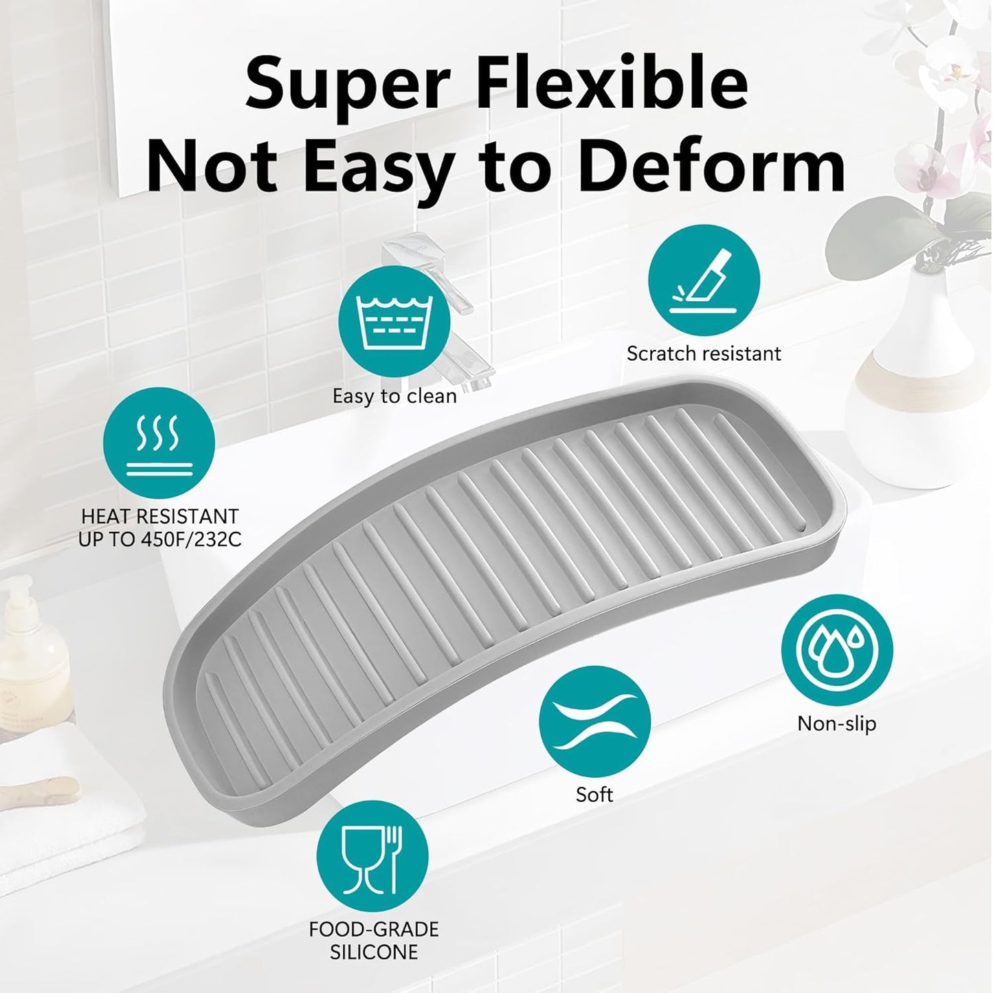 Silicone Sponge Holder 2 Pack, Dish Soap Holder for Kitchen Counter, Waterproof Sponge Soap Tray for Kitchen Sink Bathroom, Multipurpose Sink Caddy Organizer for Soap Dispenser Light Grey