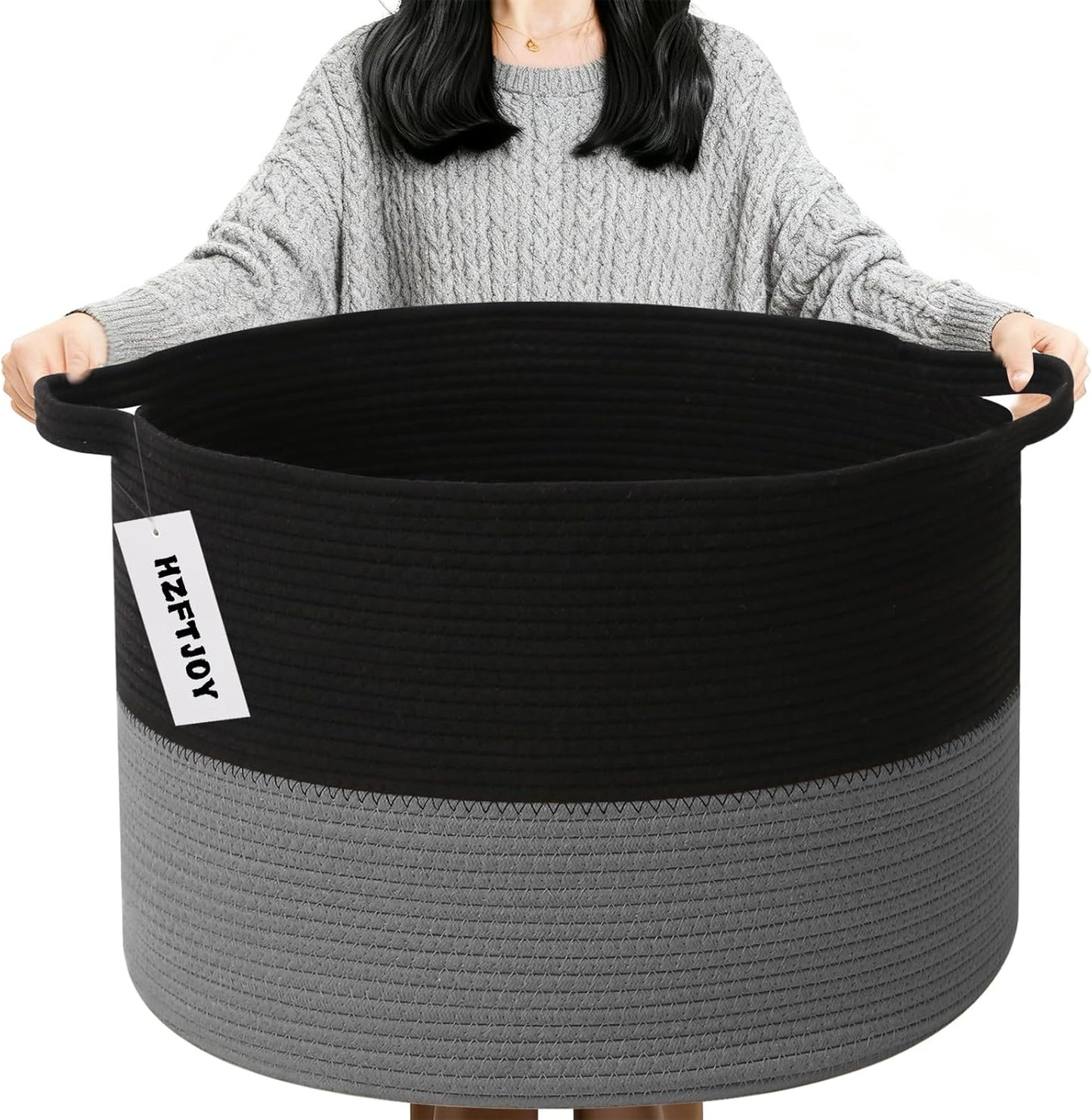 Large Blanket Basket for Organizing,65L Closet Organizers and Storage Bins Box for Shelves Woven Rope Storage Baskets,Living Room,Bedroom,Dorm,Laundry room (Black&Dark Grey)