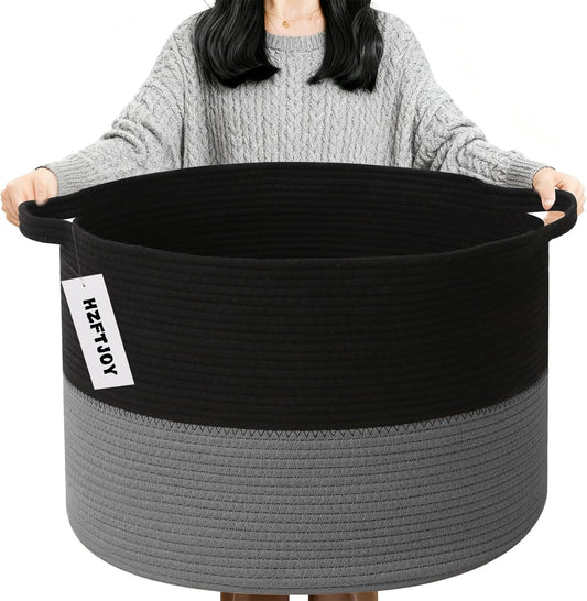 Large Blanket Basket for Organizing,65L Closet Organizers and Storage Bins Box for Shelves Woven Rope Storage Baskets,Living Room,Bedroom,Dorm,Laundry room (Black&Dark Grey)