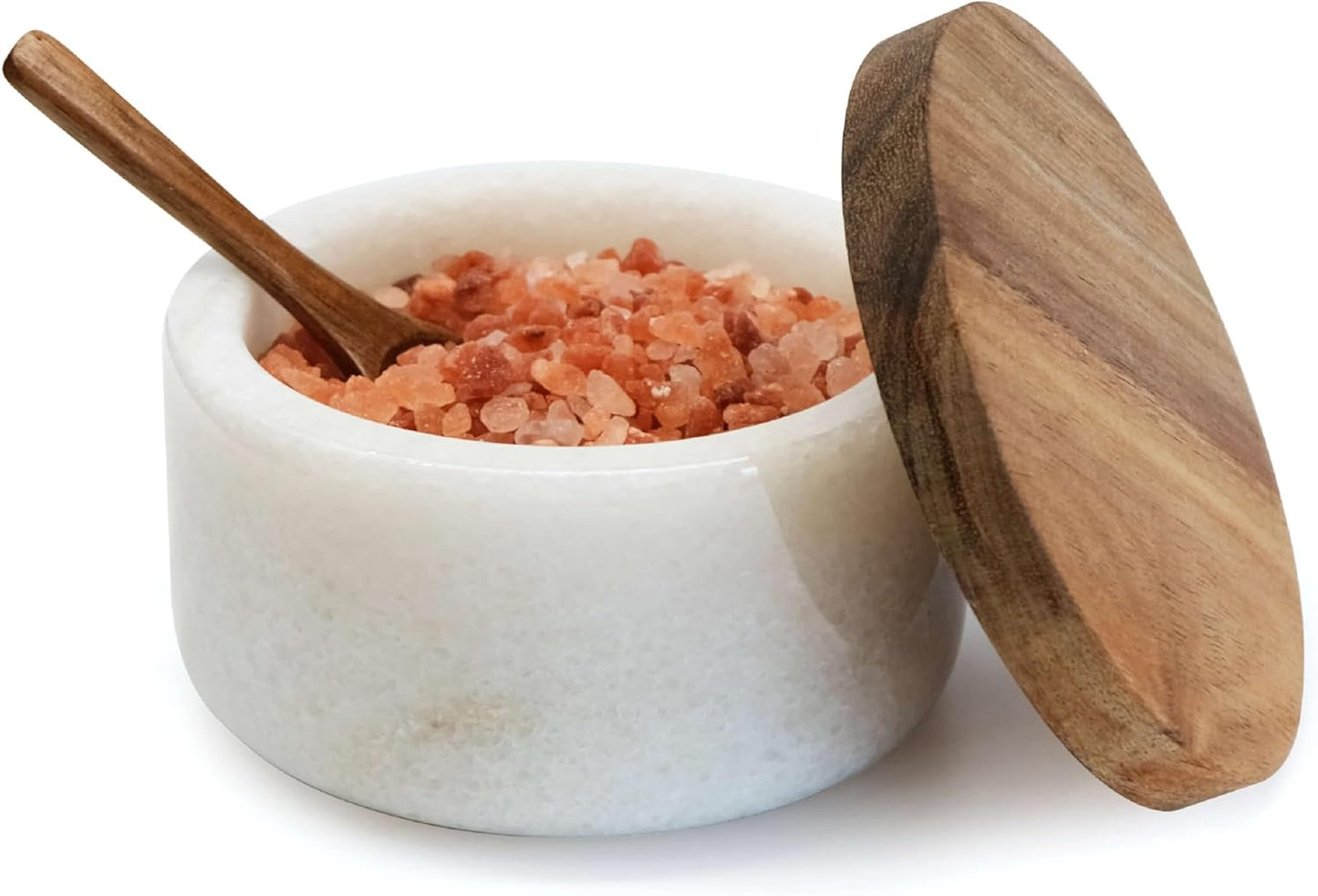 Marble Salt Cellar with Acacia Wood Lid and Spoon – 4-inch Salt Box with Spoon Slot, Kitchen Spice Container for Salt, Sugar, or Spices (White)