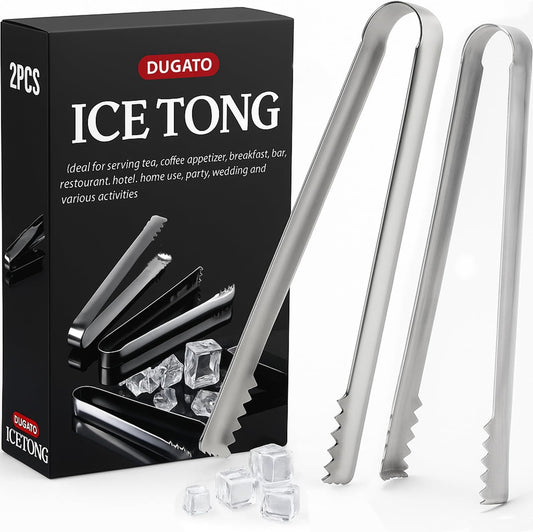 DUGATO Stainless Steel Cocktail Tongs (2 Pack, 6.3 inch) - Small Bar Ice Tongs with Sharp Grip Teeth for Ice Buckets, Sugar, Olives & Garnishes - Party Essentials