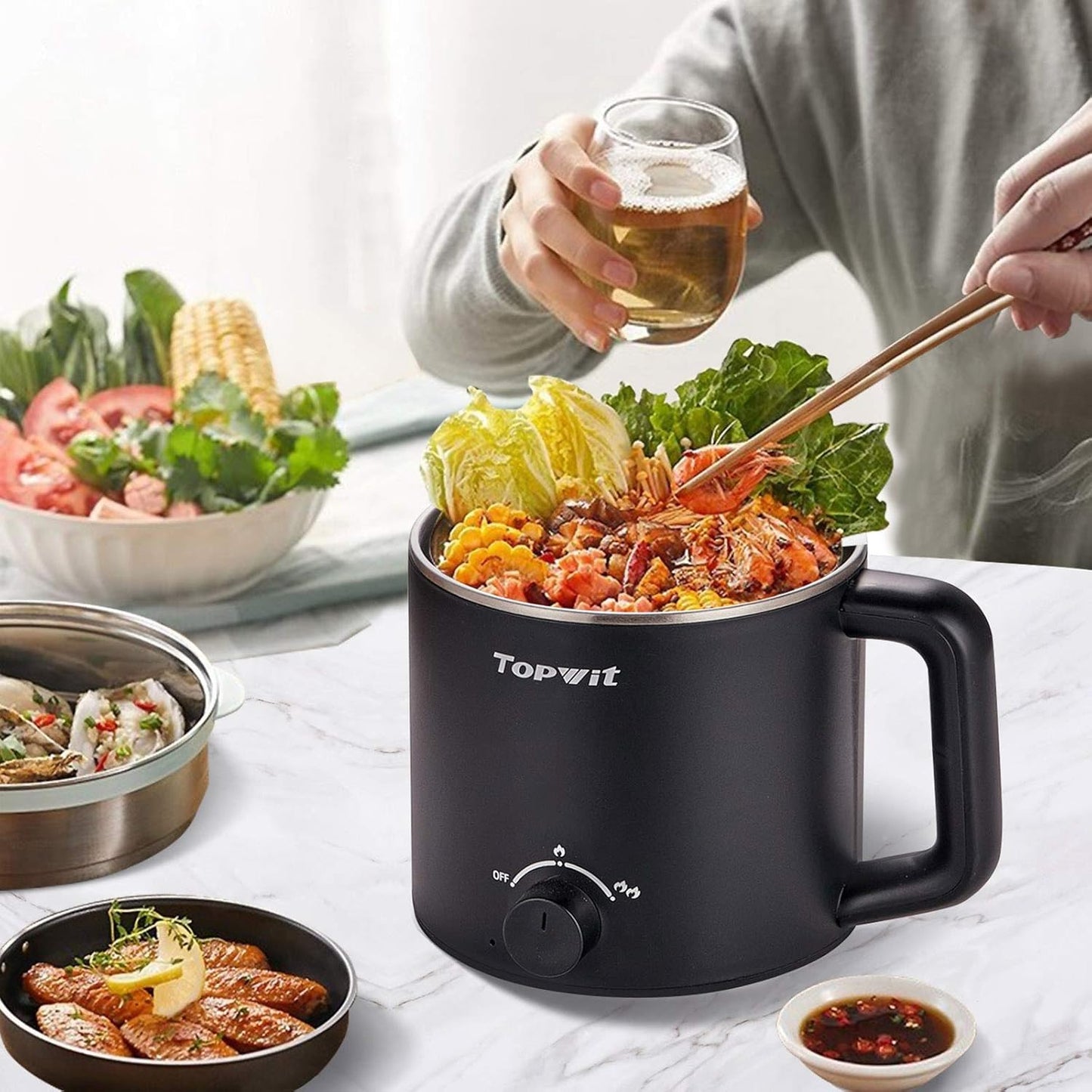 Topwit Hot Pot Electric, Electric Pot, 1.6L Ramen Cooker, Multifunctional Cooker for Pasta, Shabu-Shabu, Oatmeal, Soup and Egg with Over-Heating Protection, Boil Dry Protection, Black