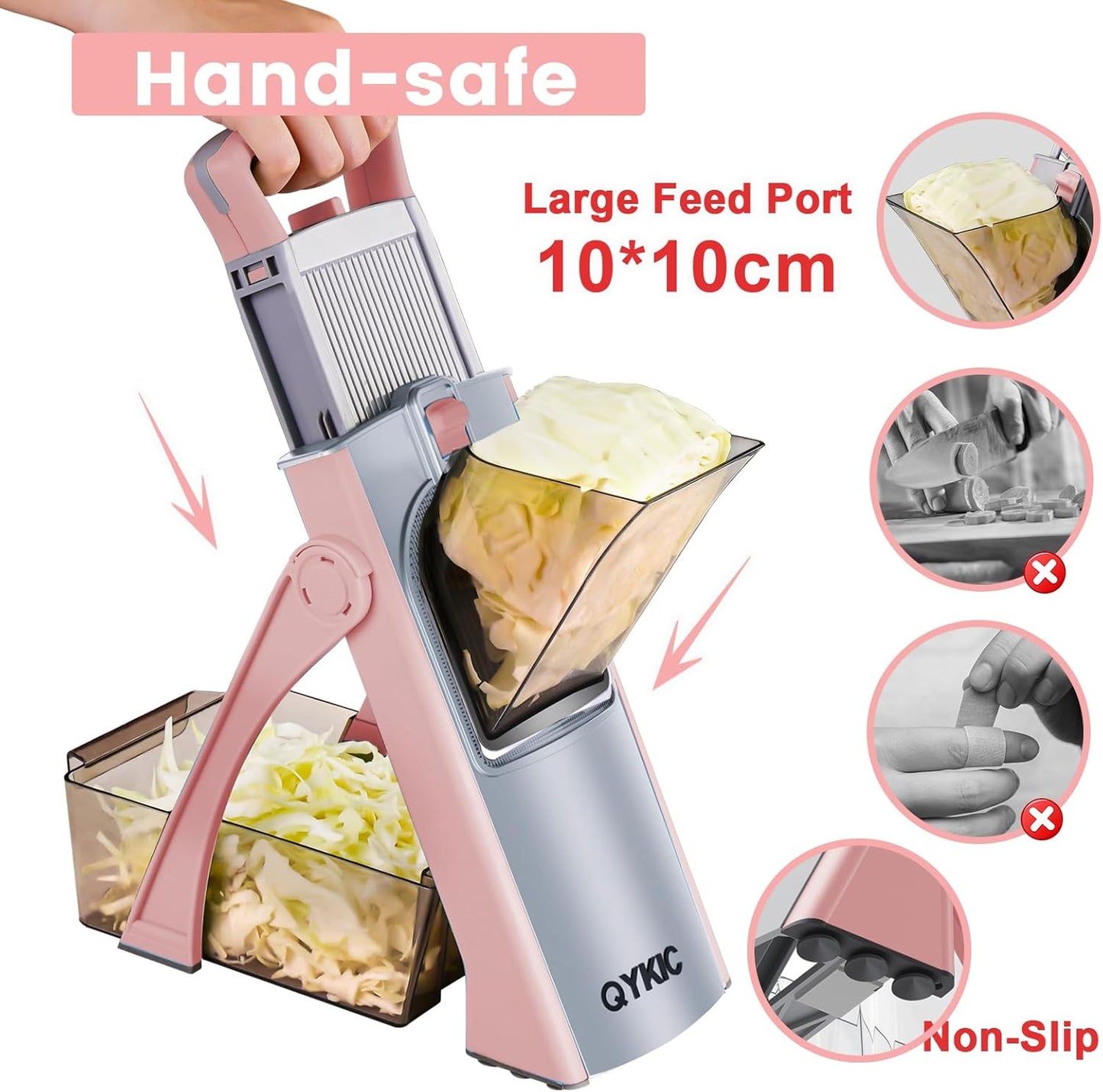 Upgrade Safe Mandoline Slicer for Kitchen, Chopper Vegetable Cutter, Potato Slicer Thickness Adjuster, French Fry Cutter, Veggie Dicer Faster Kitchen Mandolin for Meal Prep (Pink)