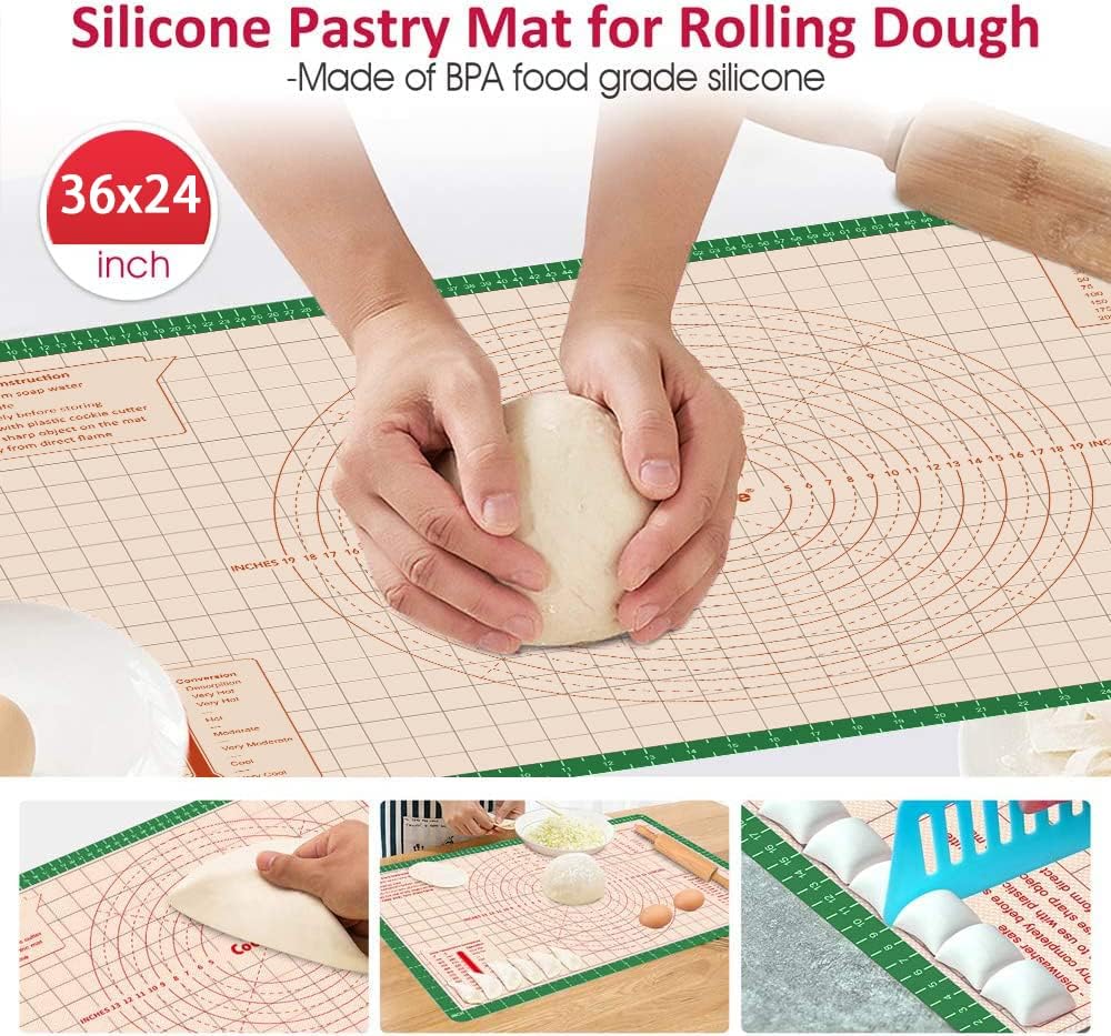 Silicone Pastry Mat 36 x 24 Inch - Larger Silicone Baking Mat for Rolling Dough,Non Slip Dough Sheet with Measurement,Perfect for Making Pie,Pizza(Green)