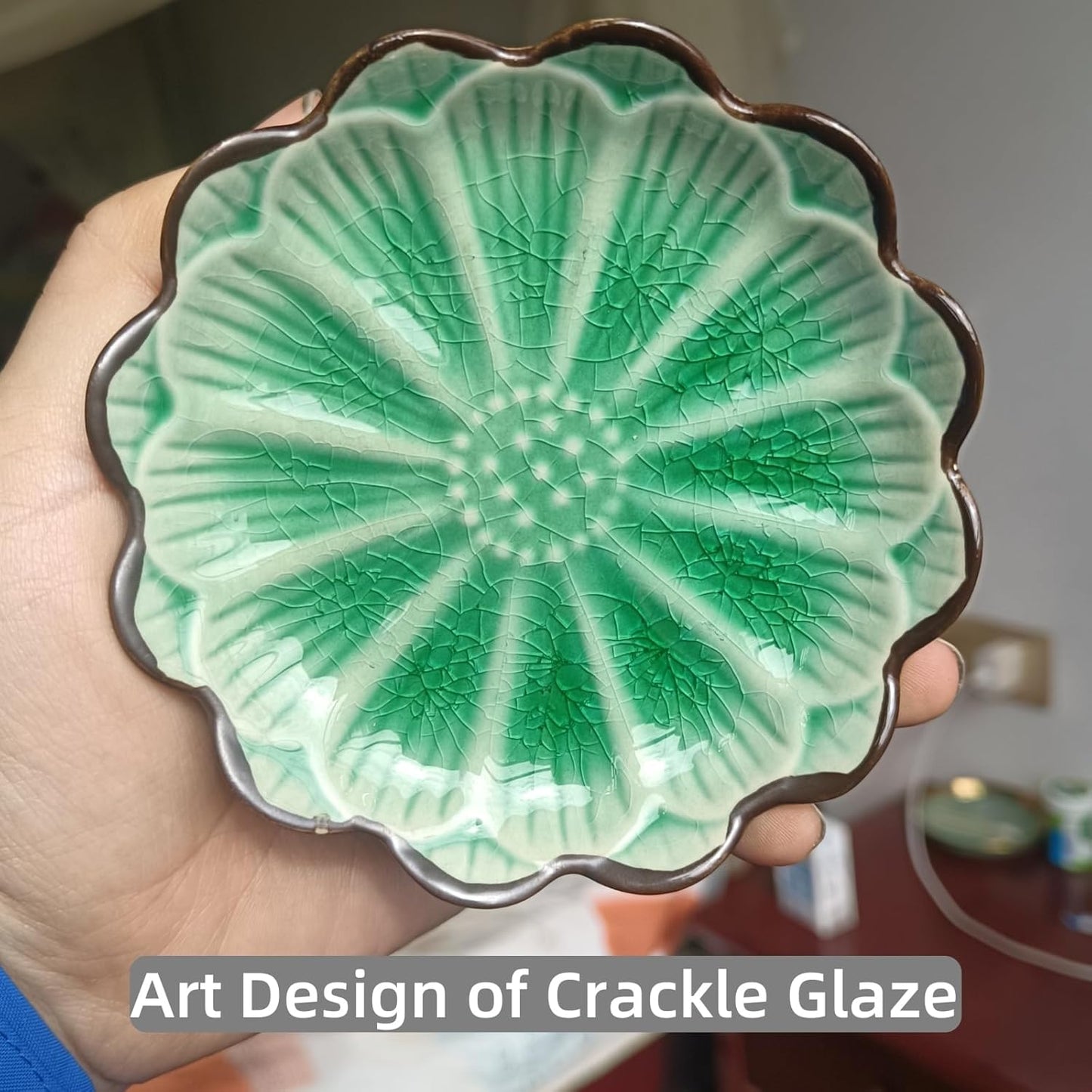 Ceramic Spoon Rest for Stove Top, Flower Cute Spoon Rest for Kitchen Counter, Cooking Spoon Holder for Kitchen Counter, Utensil Rest Spatula Rest Ladle Holder Tong Rest, 1 PC (Ice Cracks, Emerald)