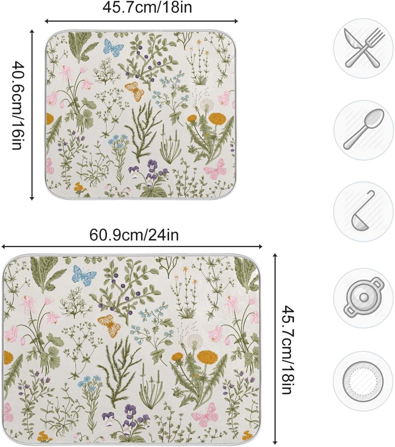 Herbs Flowers Botanical Butterfly Dish Drying Mat for Kitchen Counter Absorbent Microfiber Drying Pad, Medium 16x18 in, Reversible Drainer Mats