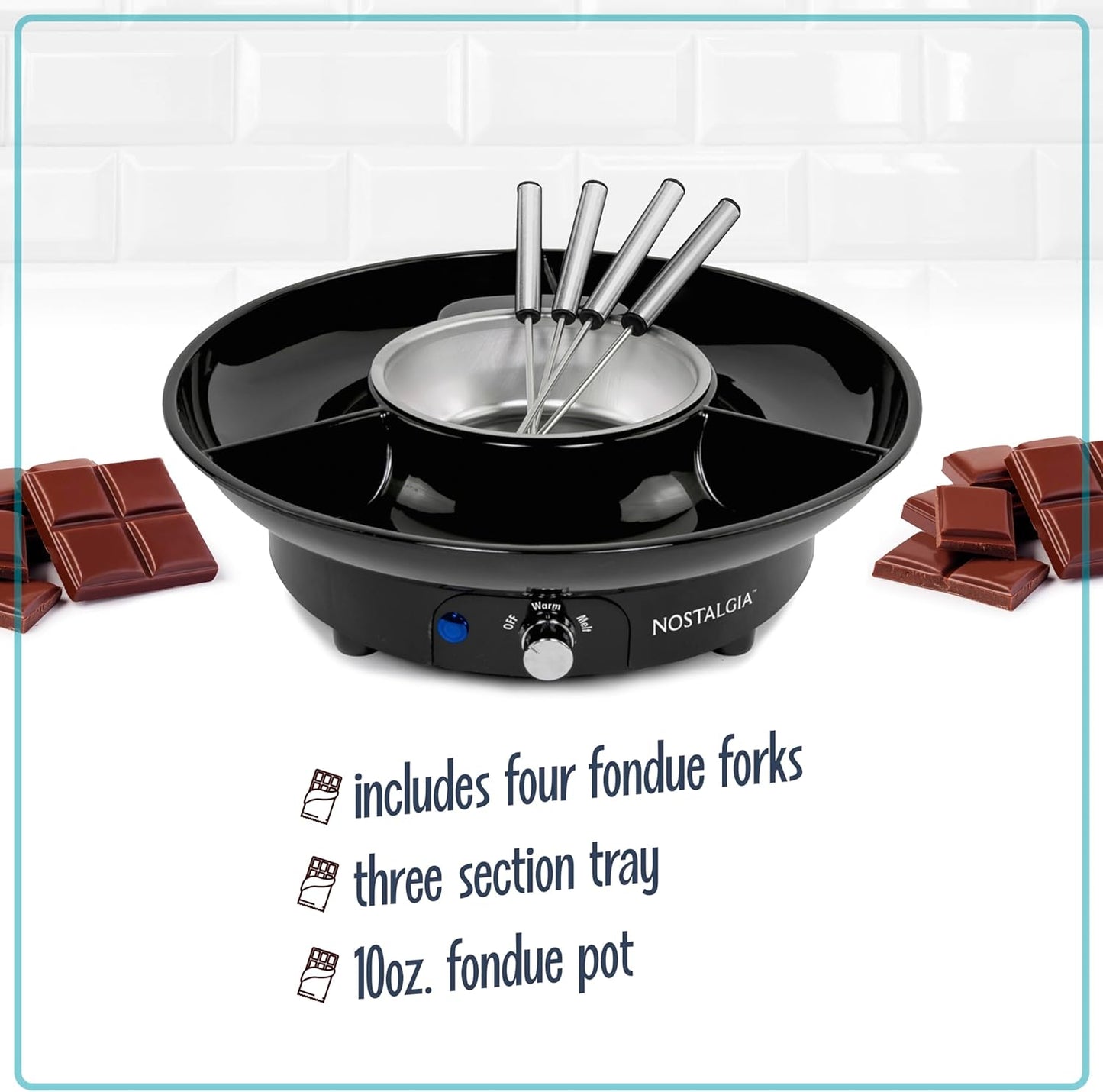 Nostalgia Electric Fondue Party Set – 10 oz Melting Pot, 4 Roasting Forks, & Detachable Serving Tray – Melted Cheese, Chocolate, or Dessert – Perfect for Gifts, Parties, Date Night – Black