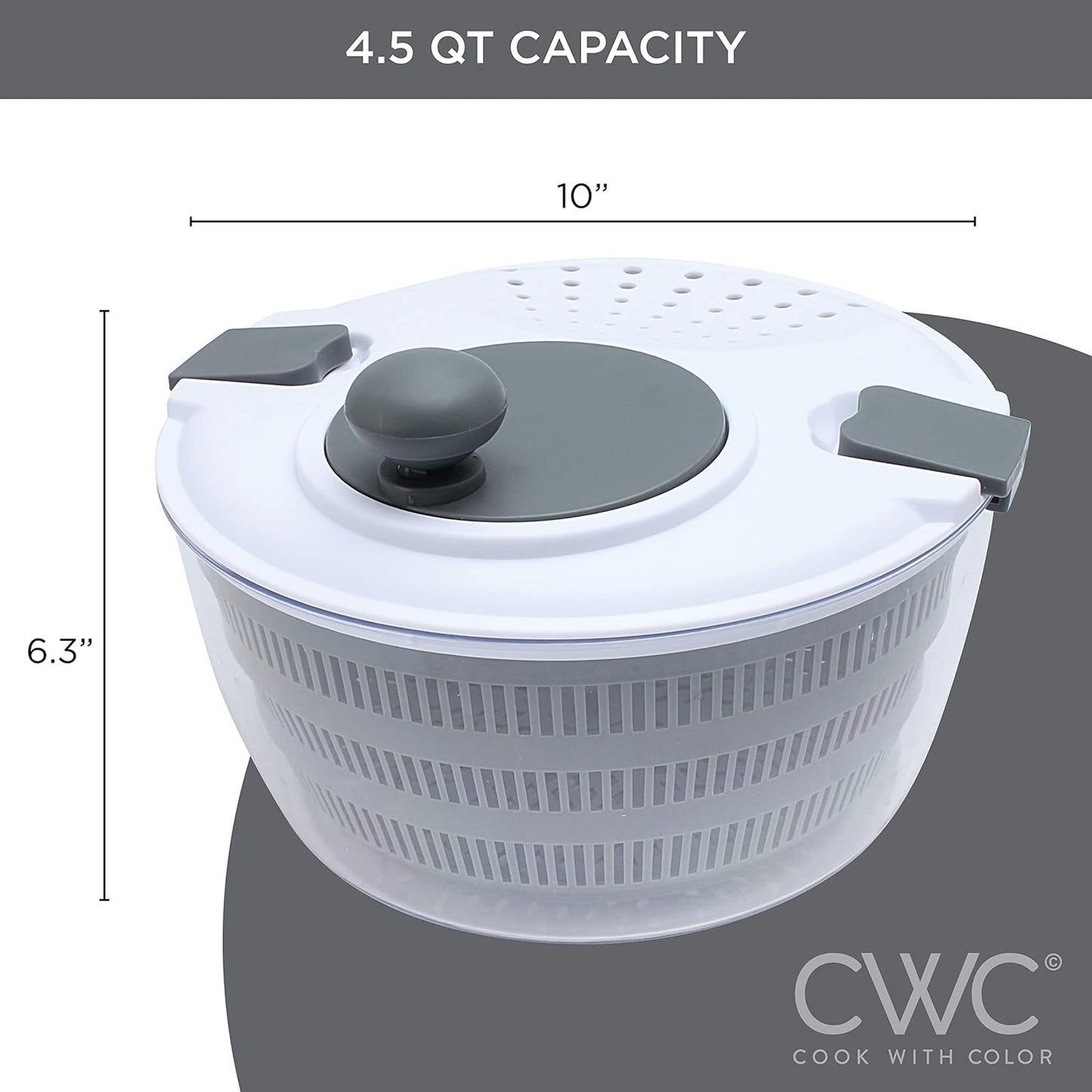 Cook with Color Salad Spinner - Lettuce and Produce Dryer with Bowl, Colander and Built in draining System for Fresh, Crisp, Clean Salad and Produce (Grey)