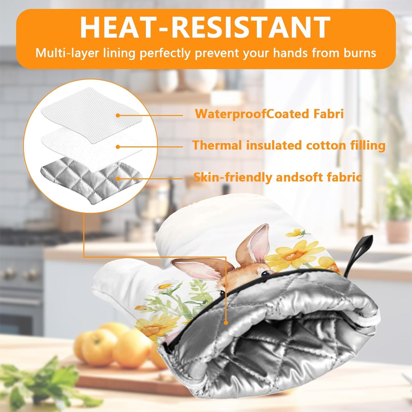 Easter Rabbits Oven Mitts and Pot Holders Sets 4Pcs,Extra Long Oven Gloves Potholder for Kitchen Cooking Baking BBQ 100% Cotton Heat Resistant