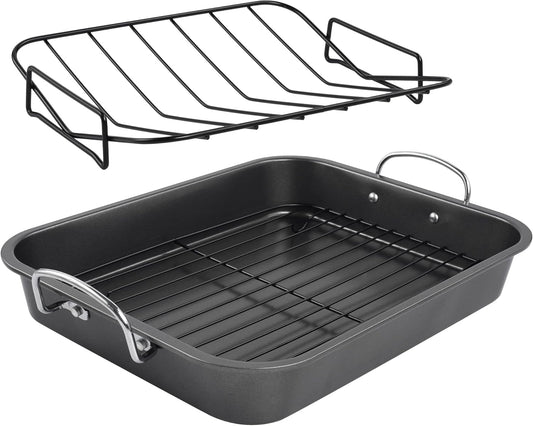 kitCom Nonstick Roasting Pan, Roaster with Rack - 16 Inch Rectangular Grill Suitable for Turkey, Roast Chicken, Ham, Dishwasher Safe (9.5QT)