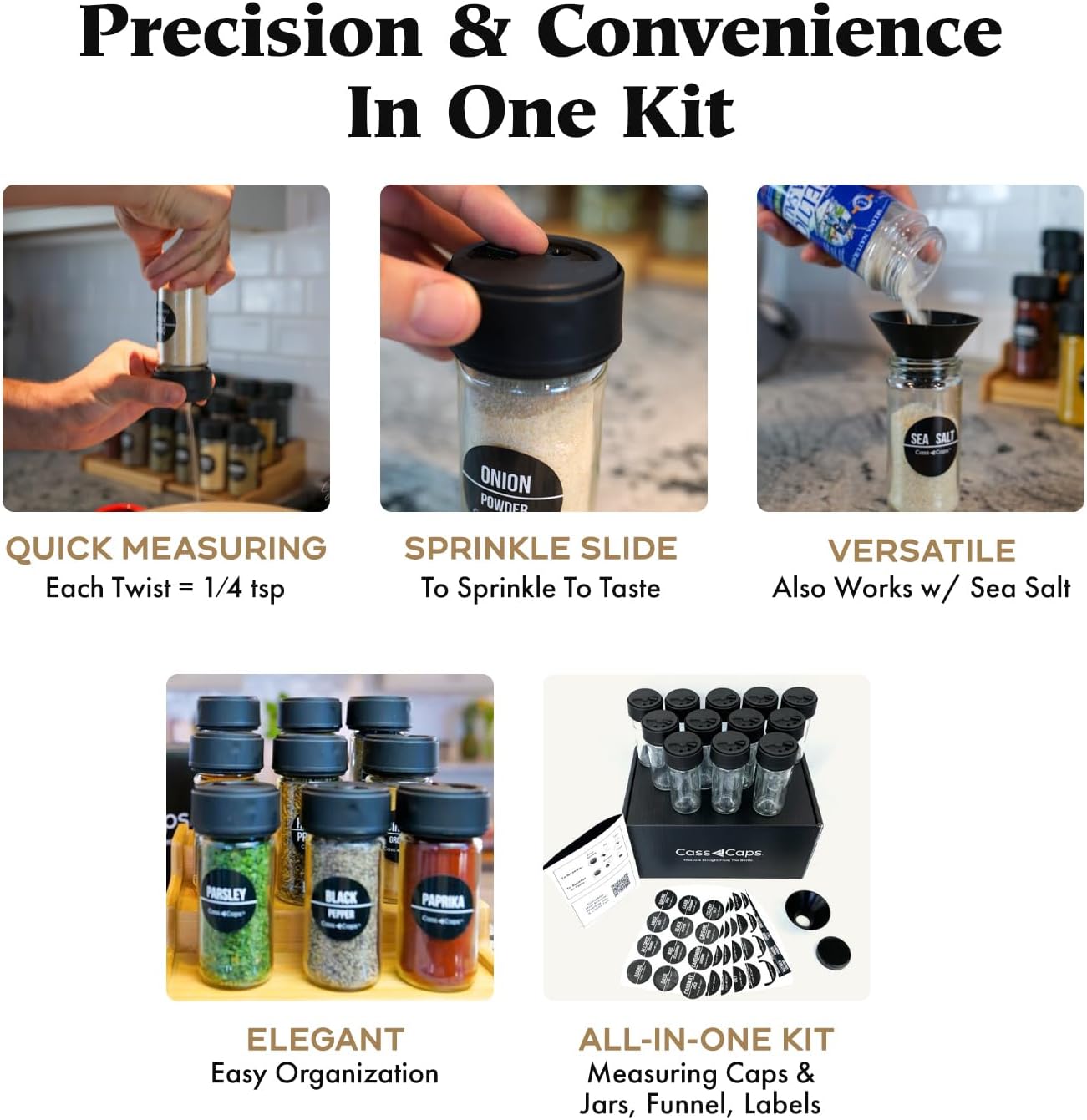 Glass Spice Jars & Measuring Cap Set - Twist to Dispense 1/4 Tsp Per Turn for Precise Cooking - Glass Jars with Lids Keep Kitchen Organized & Tidy - Enjoy Round Spice Jar Without Mess-12Pack