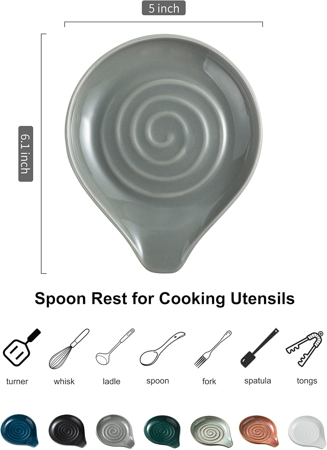 Spoon Rest for Kitchen Countertop Porcelain Spoon Holder for Stove Top Large Holder for Spatula, Spoons or Tongs, Framhouse Decor, Gray