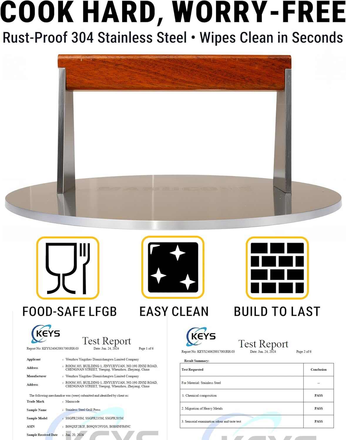 Smash Burger Press, 3.8-Lb Burger Smasher, 9-Inch Bacon Press for Batch Cooking, Stainless Steel, Easy to Clean and Seasoning Free, Heatable for Searing Panini, Steak, Chicken, Fish, Round