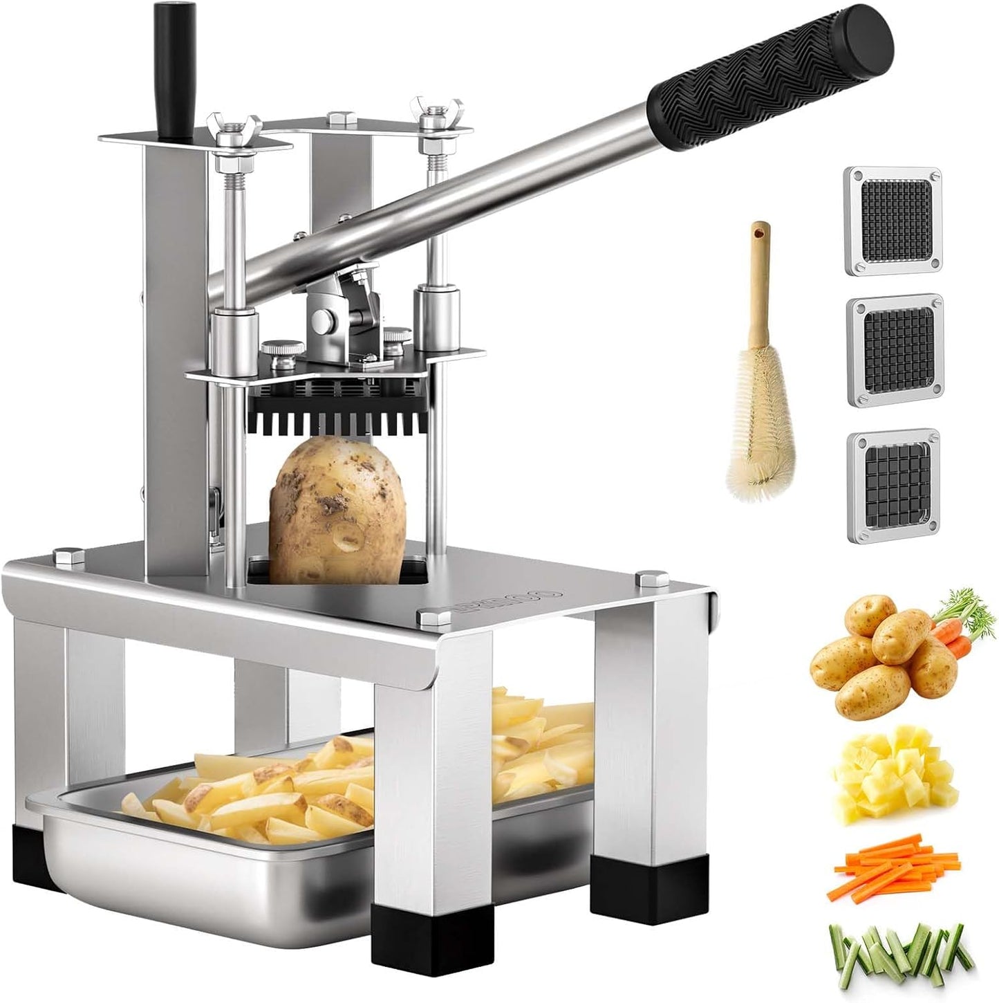 Commercial French Fry Cutter and Vegetable Dicer with 3 Stainless Steel Blades – 3/8", 1/2", 1/4" – Heavy Duty Stainless Steel Potato Slicer for Home and Restaurant Use