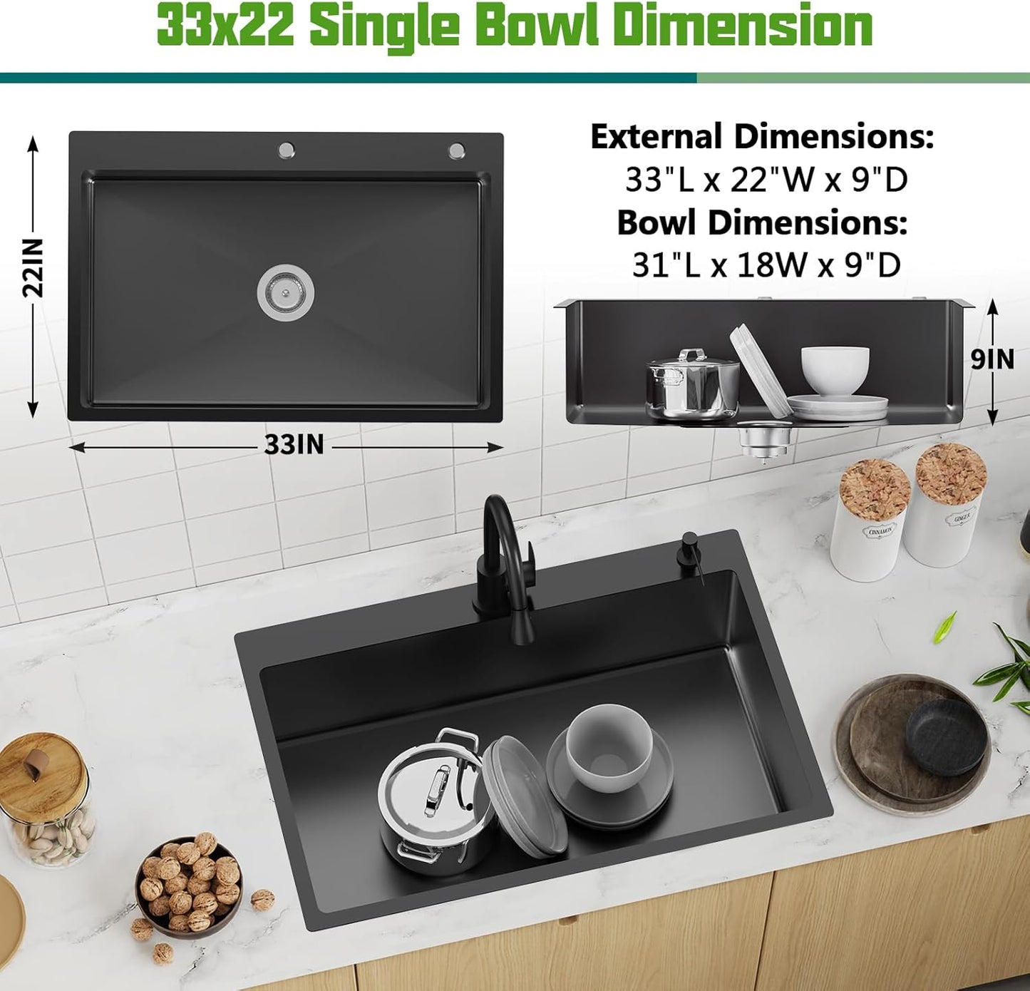 Black 33x22 Inch Stainless Steel Kitchen Sink - Drop In Modern Single Bowl Topmount Kitchen Sink With Silicon Mat,Drain Strainer Set Offering Large Basin Compatibility With Various Kitchen&Bar Style