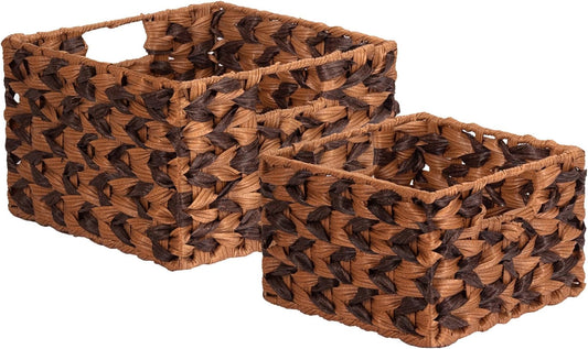 Wicker Baskets, Decorative Storage Boxes with Handles, Rectangular Plastic Wicker Woven Storage Basket for Organizing, 2 Pack Large and Small (Brown & Gray)