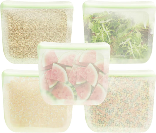 purifyou Set of 5 Reusable Silicone Storage Snack Bags 6oz / 16oz / 32oz / 64oz Self-Seal Food Storage Container for Fruits, Vegetables, Sandwiches, Dishwasher Safe & Leak-free (LimeCream, 646oz)