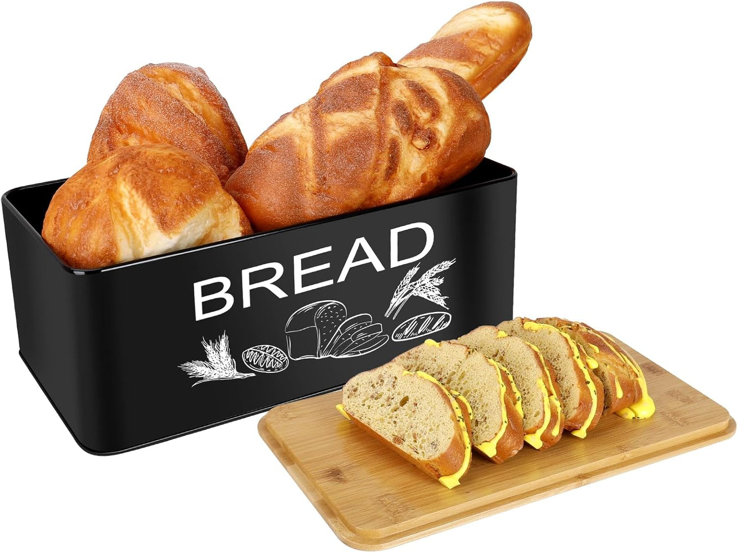 JIGUOOR Black Bread Box, Large Space Saving Vertical Metal Bread Box with Wooden Cutting Board Lid, Holds 2+ Loaves, Farmhouse Bread Bins Kitchen Bread Storage,Kitchen Parts Box 12.99" x 7.08" x 4.72"