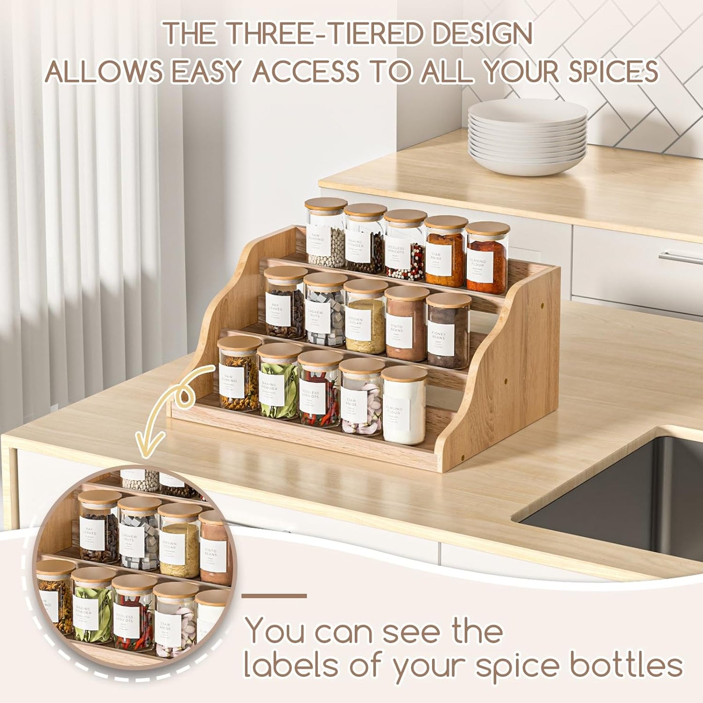 Tiered Spice Rack Organizer for Cabinet, Wooden Spice Rack for Countertop, Spice Shelf organizer Spice Organization for Cabinet