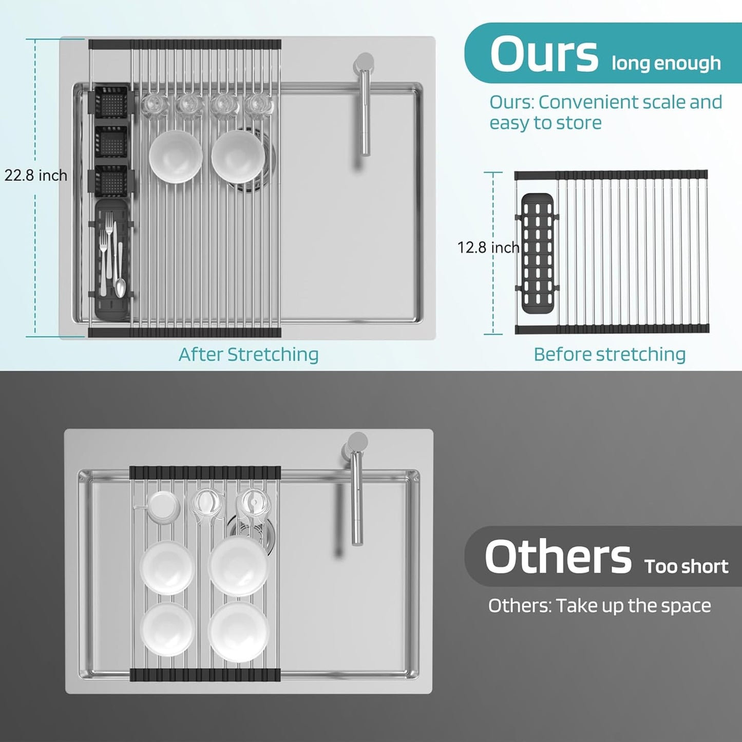 Extra Large Black Expandable Roll Up Dish Drying Rack Up to 22.8''with 2 Storage Baskets,Over The Sink Kitchen Rolling up Dish Drainer Dish Drying Rack in Sink, Foldable,Rollable,for Kitchen Dishes