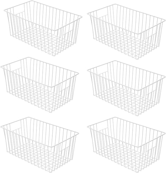 16inch Farmhouse Freezer Wire Baskets Organizer Storage Bins Large Organizer Baskets with Handles for Storage, Office, Kitchen, Pantry, Cabinet, Closets - Set of 6 (White 6)