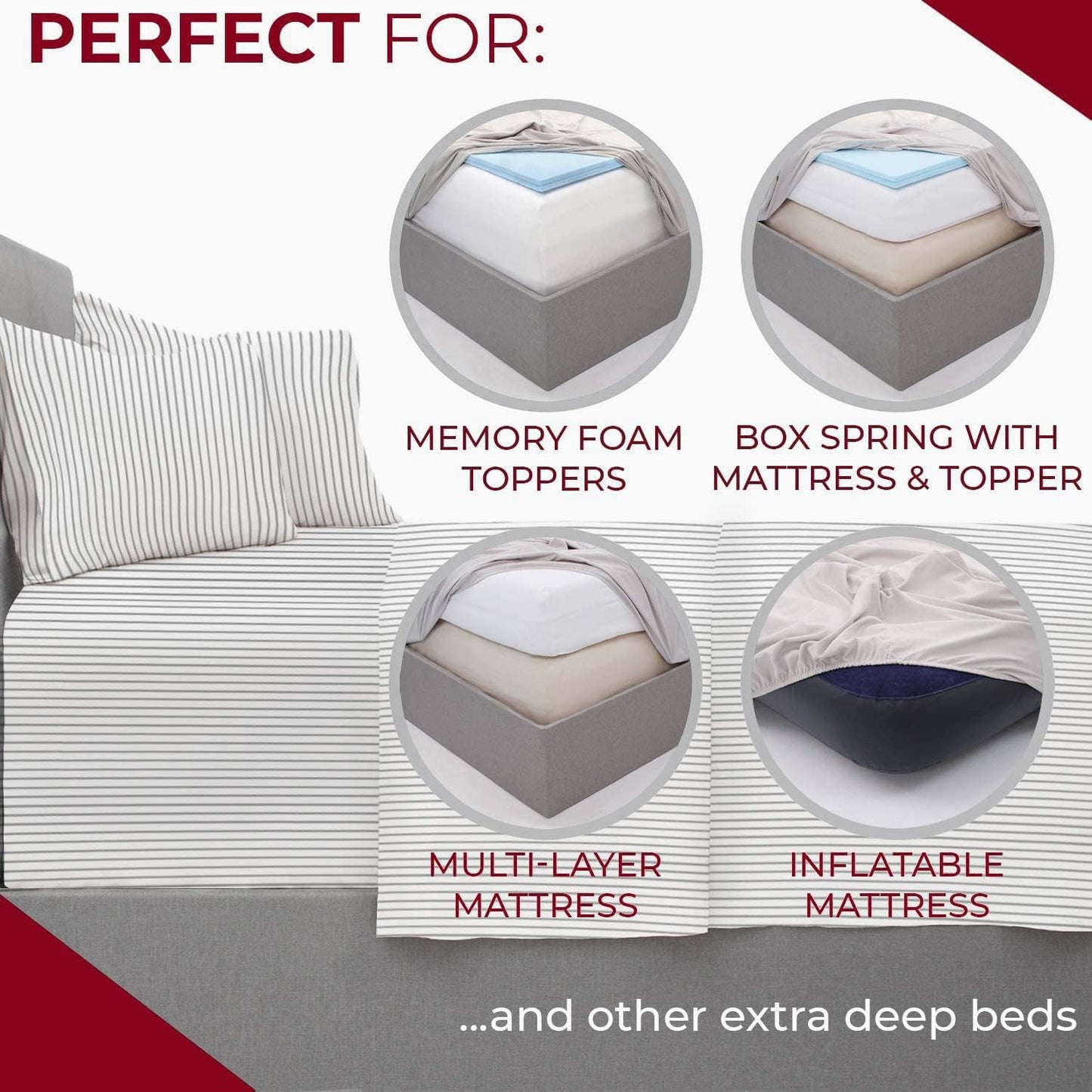 Mellanni Extra Deep Queen Sheets - 4 PC Iconic Collection Bedding - Hotel Luxury, Ultra Soft, Cooling Bed Sheets - Wrinkle, Fade, Stain Resistant (Queen, Pinstripe Gray)