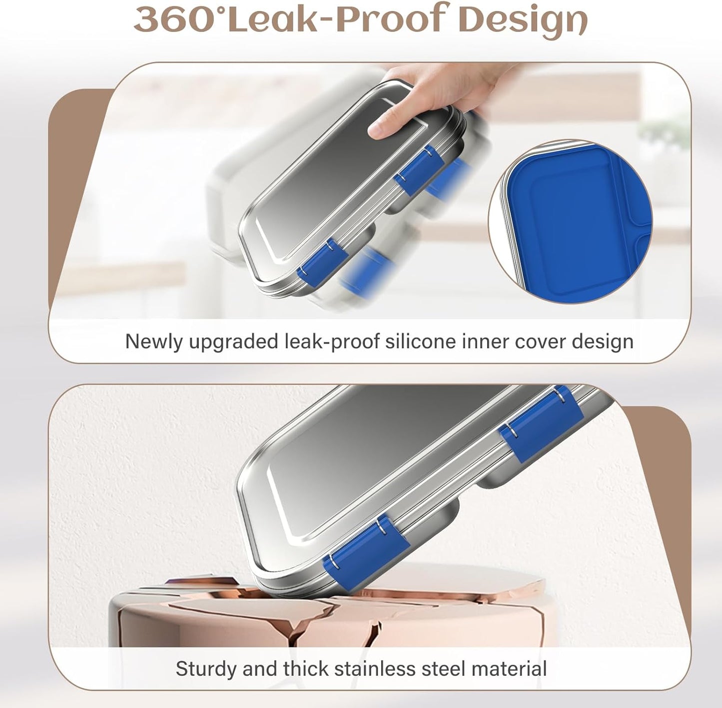 Stainless Steel Bento Box Kids, 3 Compartments Leak Proof Metal Bento Lunch Box, 304 Stainless Steel Bento Lunch Containers for School and Office,Dishwasher Safe, BPA-Free-Blue