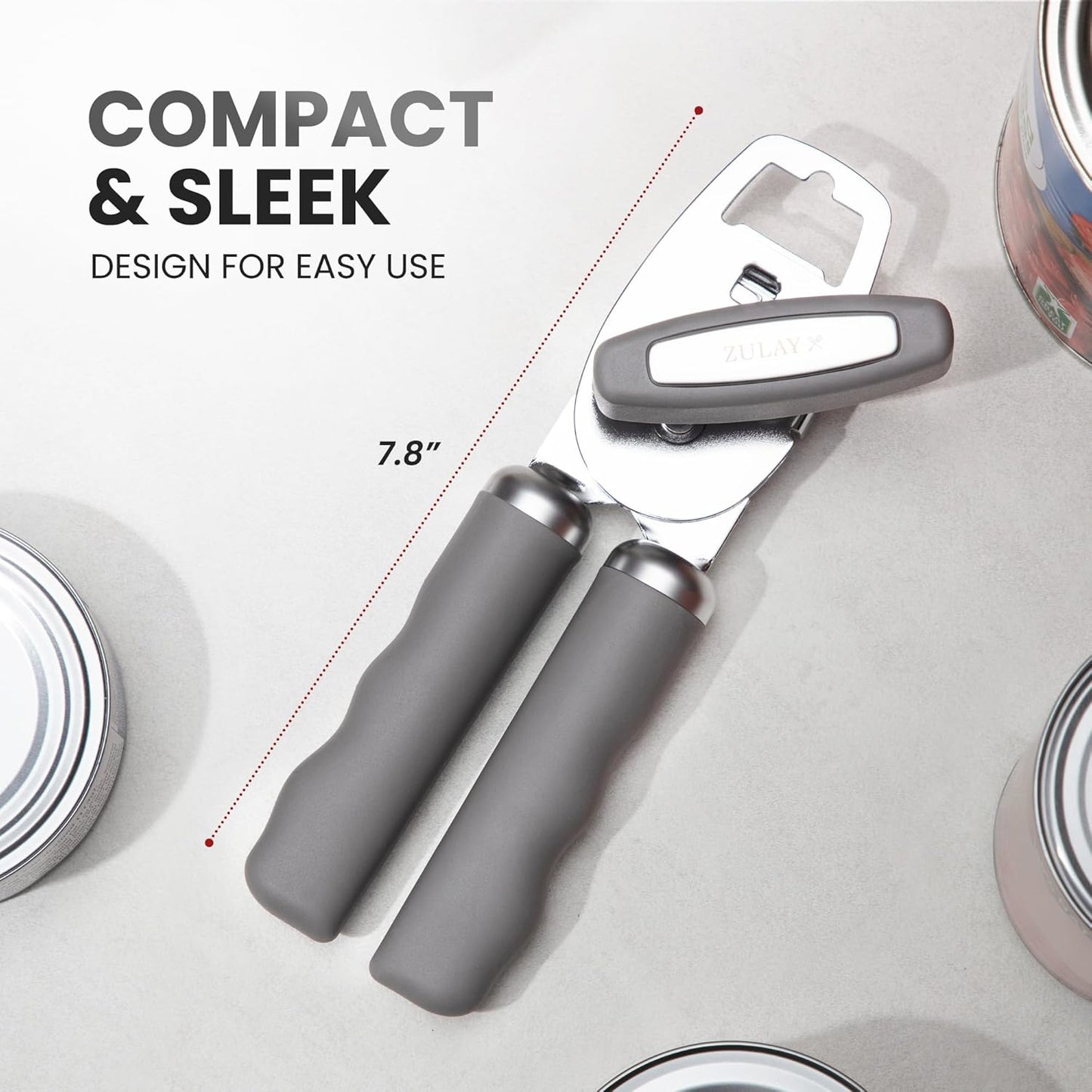 Zulay Kitchen Heavy Duty Stainless Steel Can Opener Manual with Bottle Opener - Rust Proof Manual Can Opener With Turn Knob & Comfy Soft Grip Handles - Light Gray