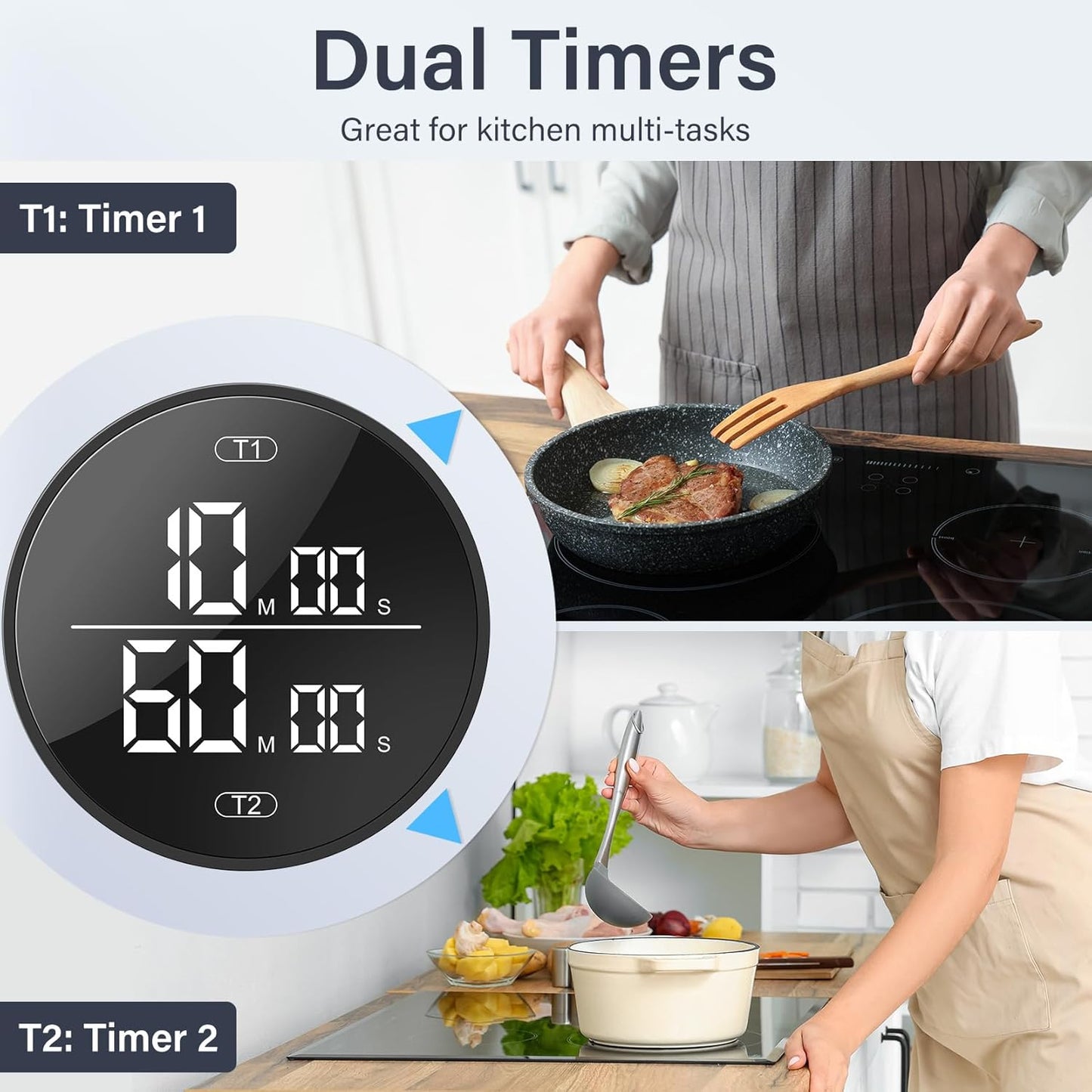 Dual Digital Kitchen Timer for Cooking, 199 Minutes Countdown & Stopwatch, Timer for Fridge, Big Digits, High-Definition Display, Easy Rotary Adjustment, 3 Volumes, 2 Brightness Levels, Black