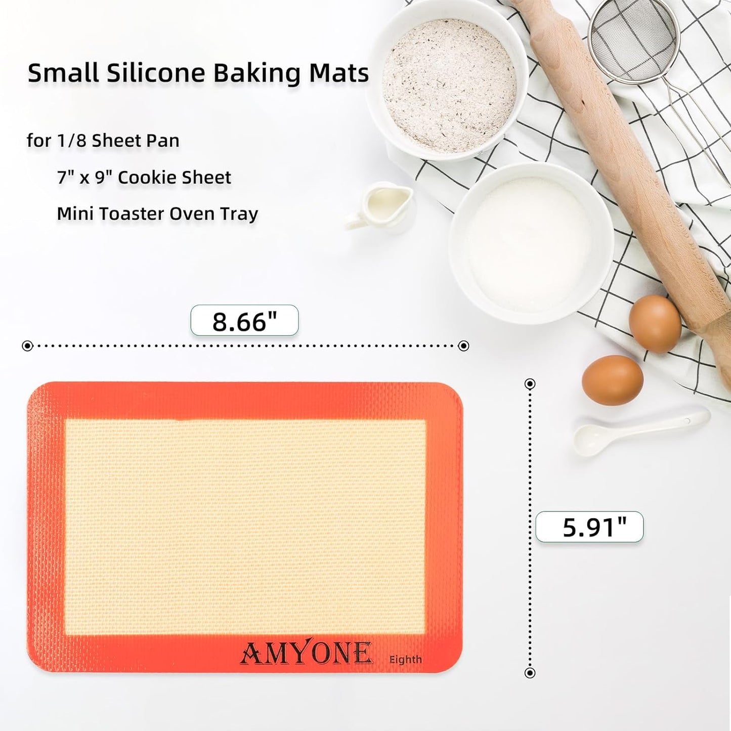AMYONE Silicone Baking Mat for 1/8 Sheet Pan, Eighth Non-Stick Silicone Baking Sheet Liner for Cookie Macaron Bread Pastry, Food Grade Silicone Mat for 9 x 7-inch Small Toaster Oven Tray, 2 PCS