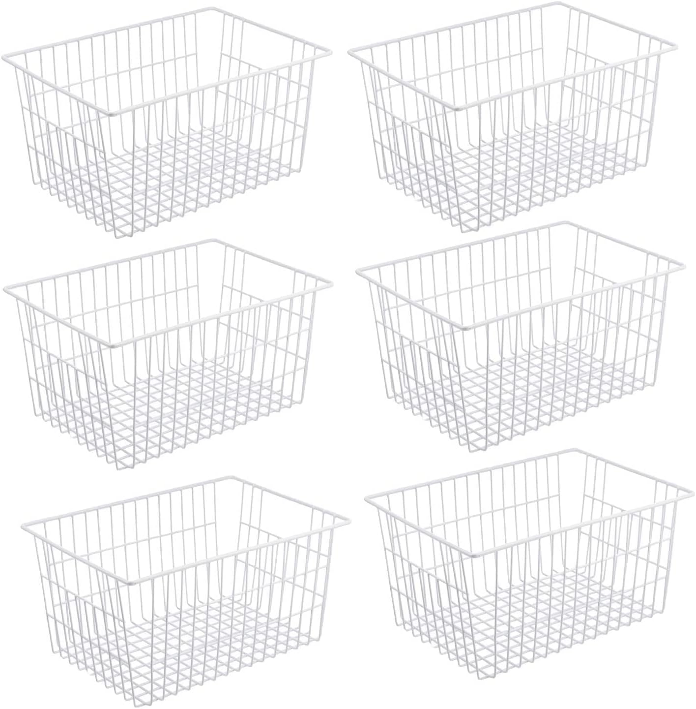 Redrubbit Metal Wire Stroage Baskets, Large Freezer Refrigerator Organizer Bins, Home Office Shelf Freezer Storage, Closets Organization Rack with Handles, Set of 6, White