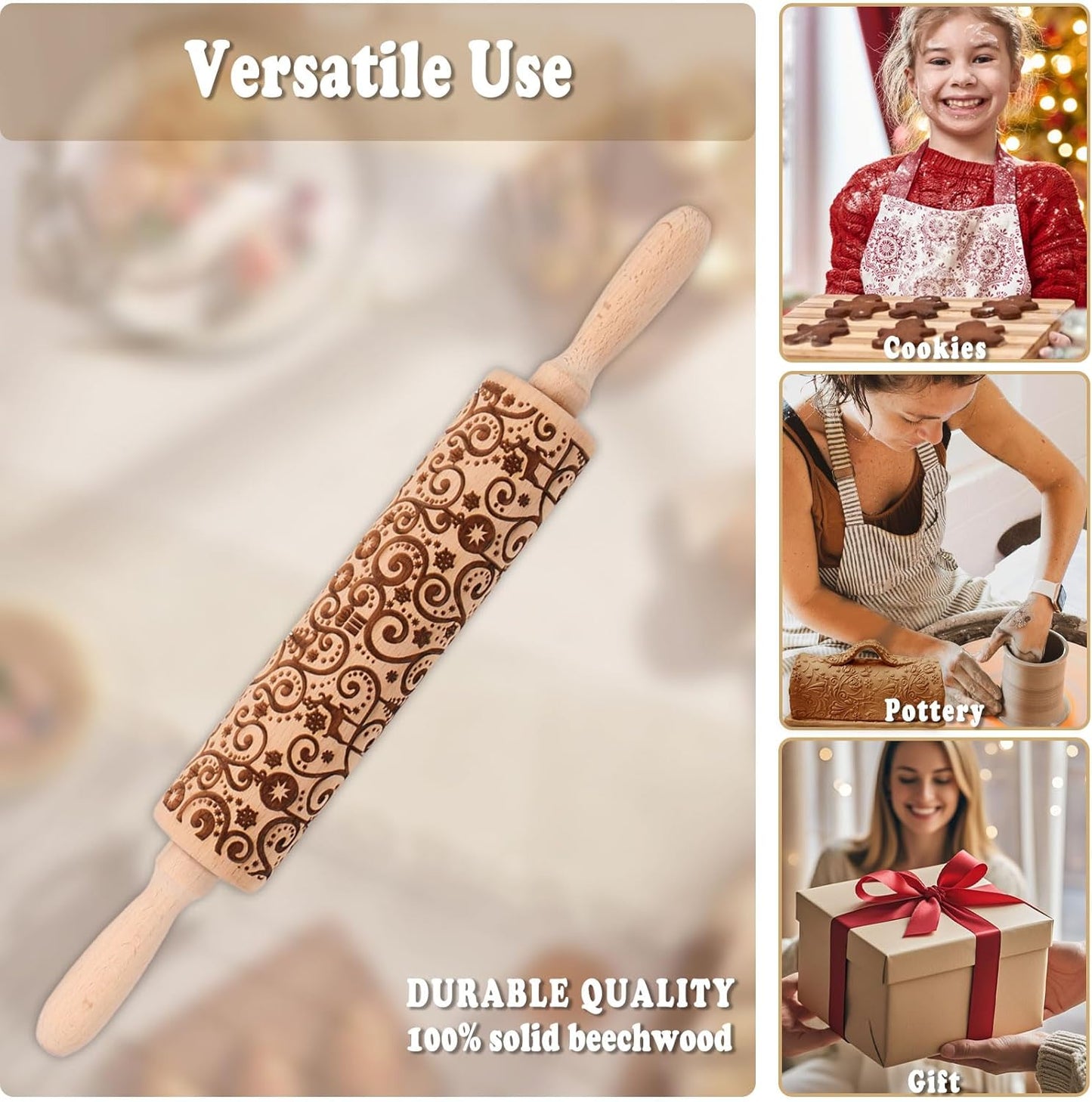 Floral Reindeer Embossed Rolling Pins for Cookies, Wooden Engraved Rolling Pin for Baking, Embossing Rolling Pin with Design, Patterned Rolling Pin Decorative Springerle Mold Stamp Clay Pattern Roller