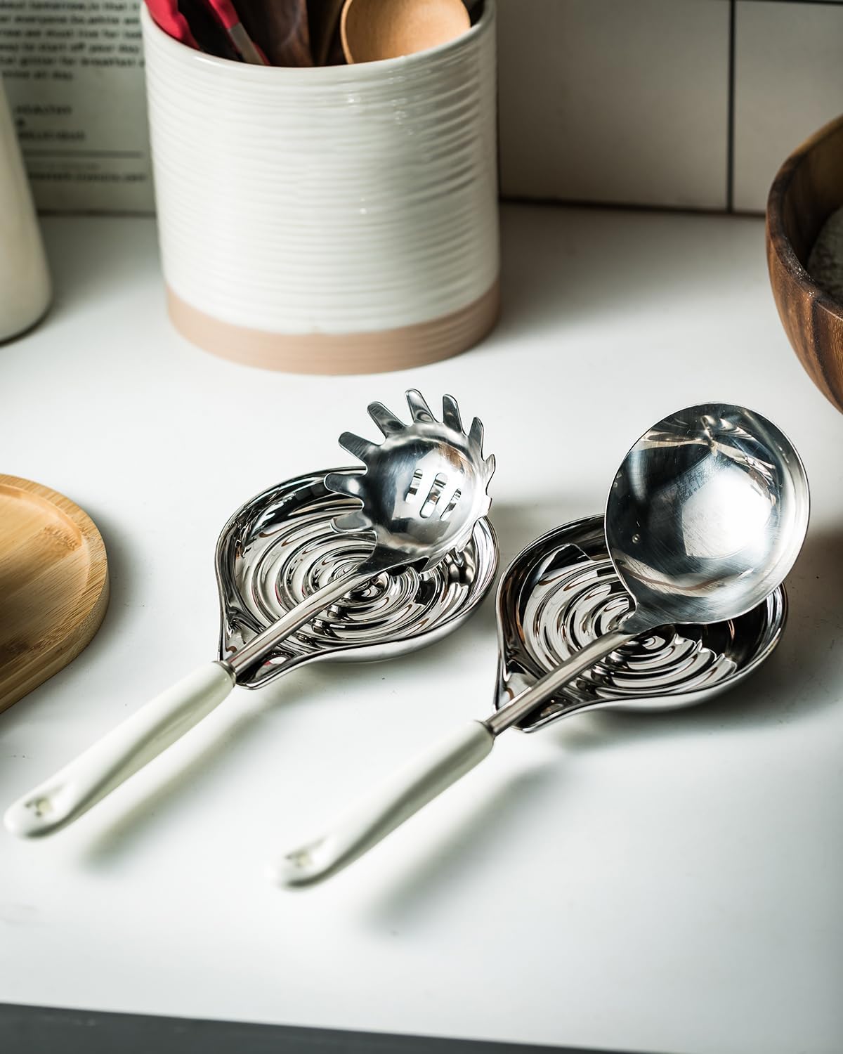 LAUCHUH Spoon Rest for Stove Top Ceramic Cooking Spoon Holder for Kitchen Countertop Large Ladle Holder for Spatula, Spoons or Tong, Farmhouse Decor, Christmas, 5 inches, Sliver