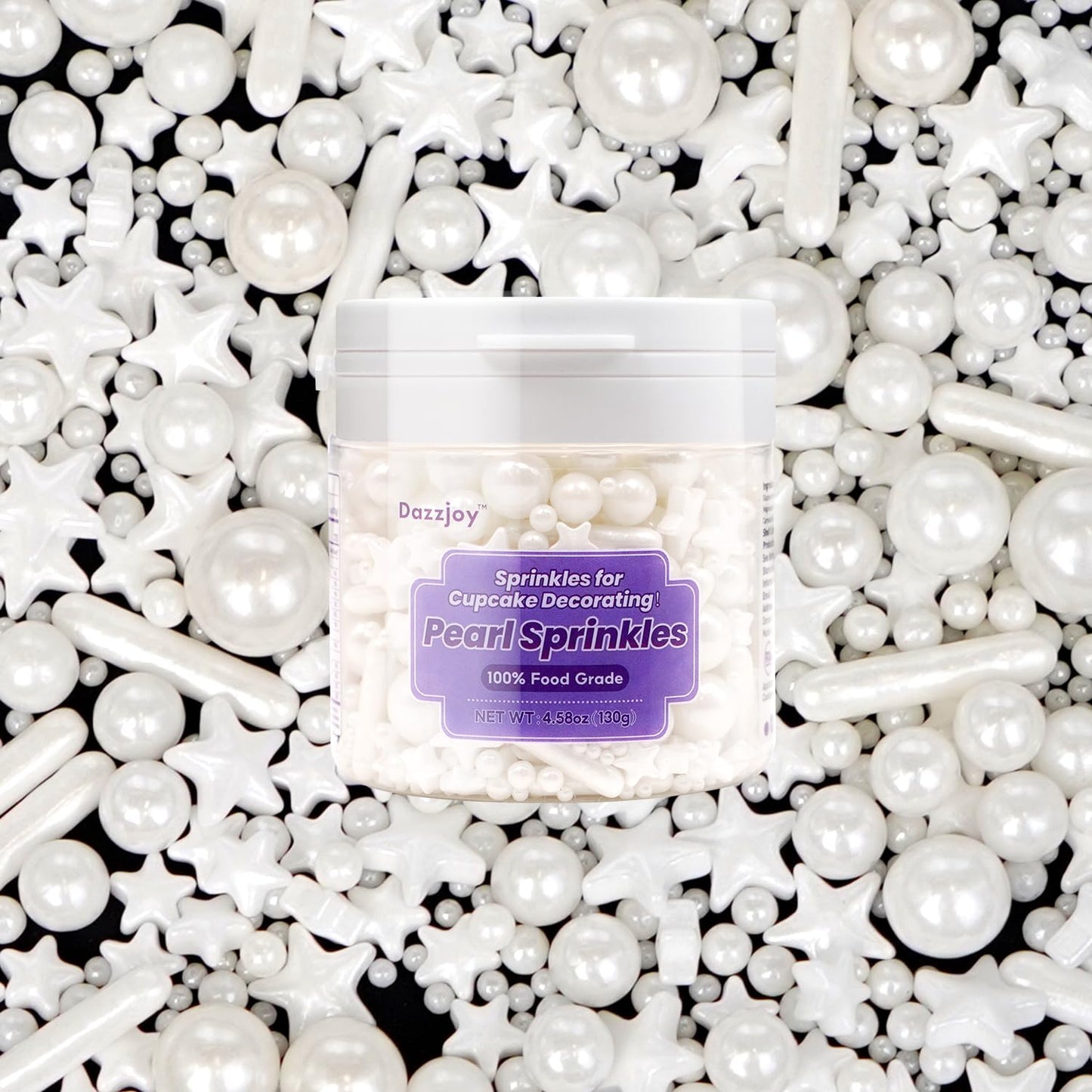 White Pearl Star Rods Sprinkles, Edible Pearls Sugar, 130g/4.58oz, White Sprinkles for Cupcake Decorating, Cupcake Toppers, Cake Decorations