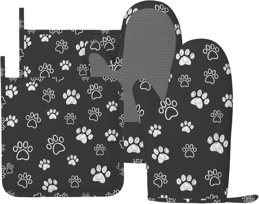 Dog Paw Print Oven Mitts and Pot Holders Set of 4 Silicone Black White Dog Paw Print Kitchen Mitten Gloves and Non-Slip Potholders Set Heat Resistant Oven Gloves Hot Holders for Kitchen